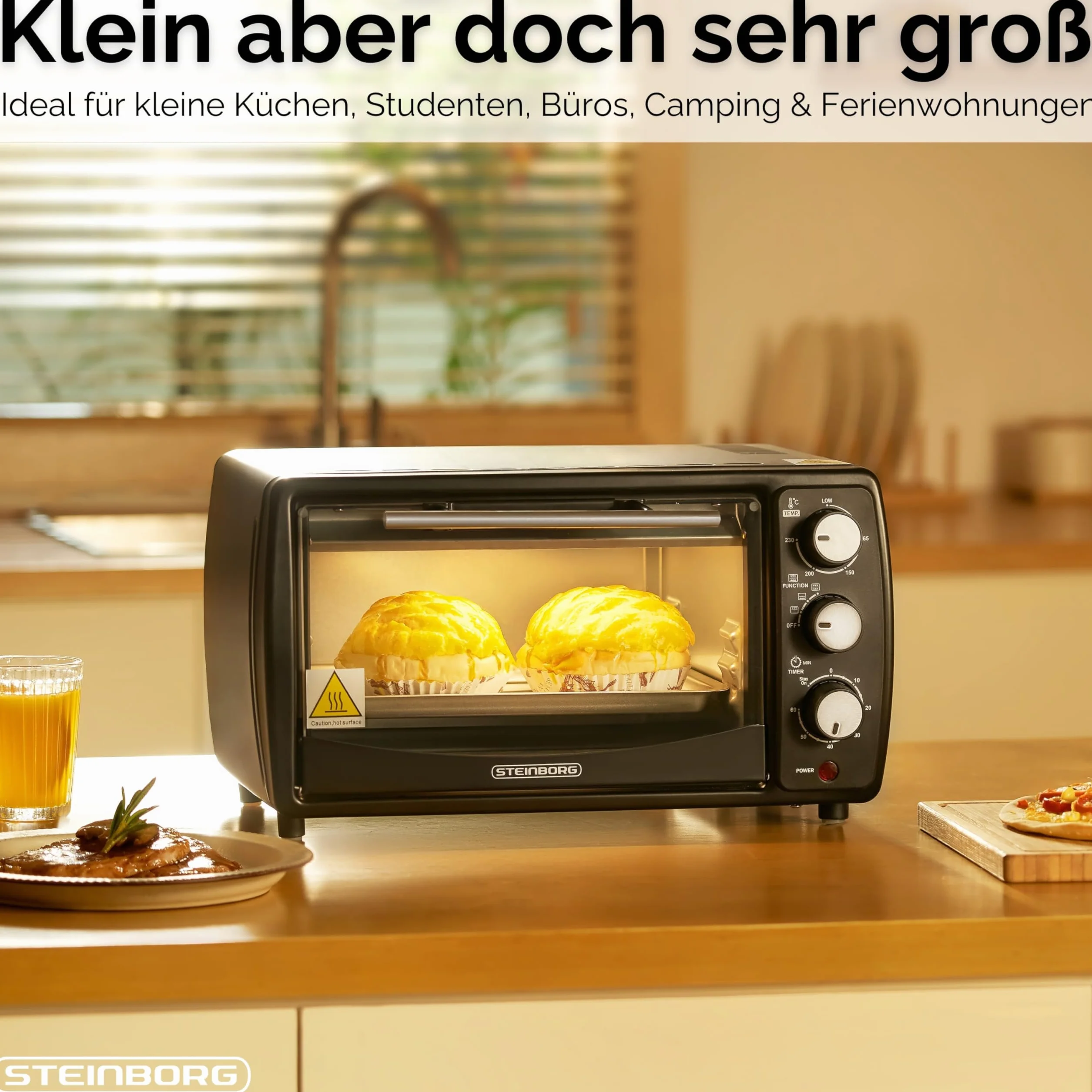 Steinborg Mini piekarnik 13 l 1200 W z timerem, grzanie górne i dolne, wolnostojący