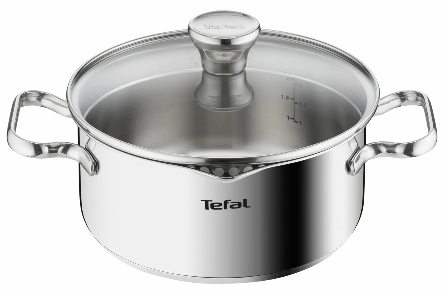 TEFAL A70544 Duetto Garnek, 20 cm, stal nierdzewna, do wszystkich kuchenek, grube dno indukcyjne, miarka wewnątrz garnka, boczne profile, nitowane uchwyty, Srebrny