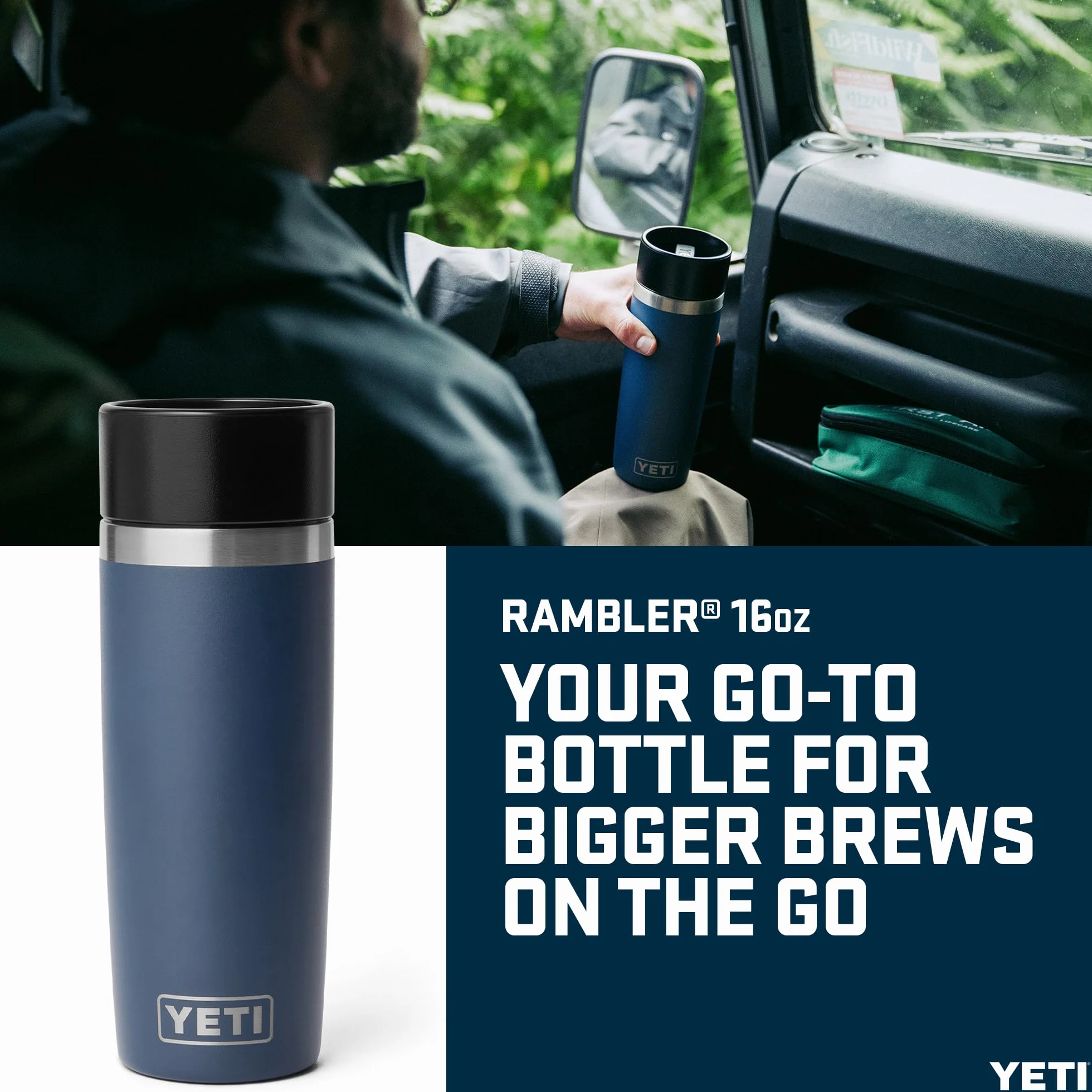 YETI Rambler 16 oz (473 ml) Travel Bottle with 100% Leakproof Hotshot Commuter Cap, Vacuum Insulated Stainless Steel Coffee Flask for Travel & Commute, Navy