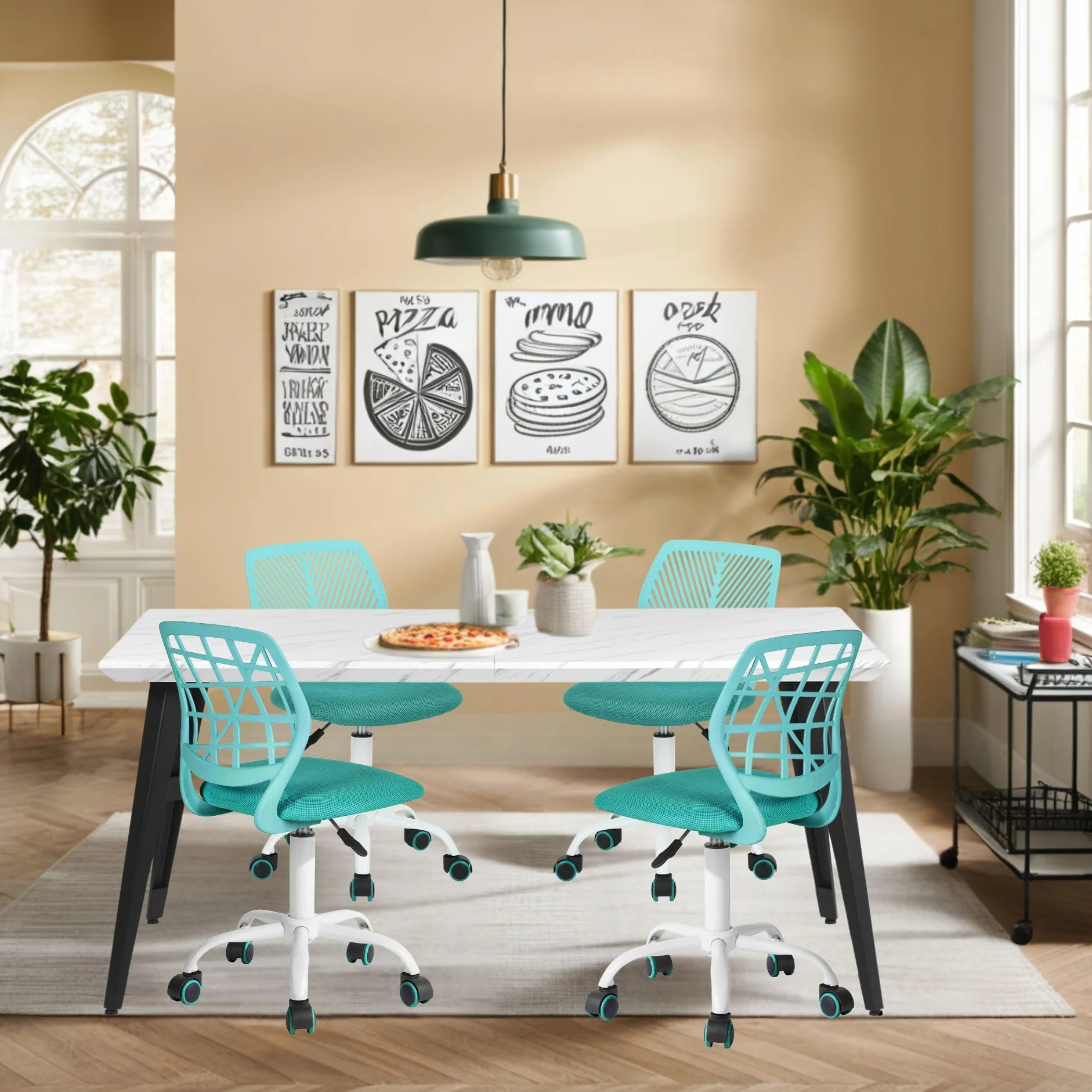 FurnitureR Krzesła obrotowe do jadalni, 1 szt., krzesło kuchenne, tapicerowane krzesło, krzesło obrotowe, wygodne krzesło z kółkami, oparcie, krzesło bez rękawów do jadalni, salonu, turkusowe, M