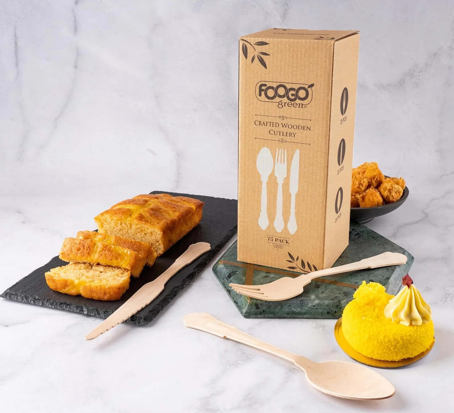 FOOGO Green 75 sztuk jednorazowych drewnianych sztućców kompostowalnych zestaw