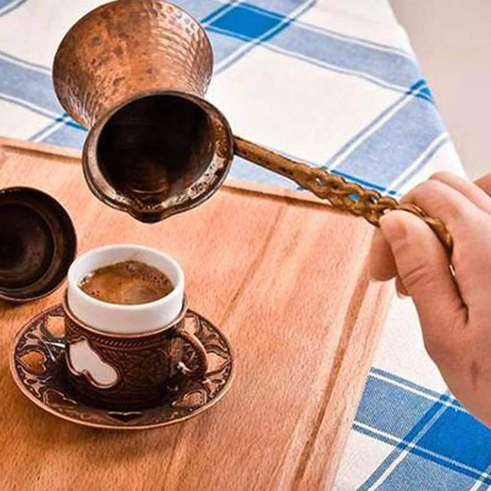 Euro Tische Turecki dzbanek do kawy, miedziany, wysokiej jakości ręcznie wykonany dzbanek miedziany, dzbanek do mokki do tureckiej kawy arabskiej i greckiej (3 x 120 ml, 200 ml, 290 ml)