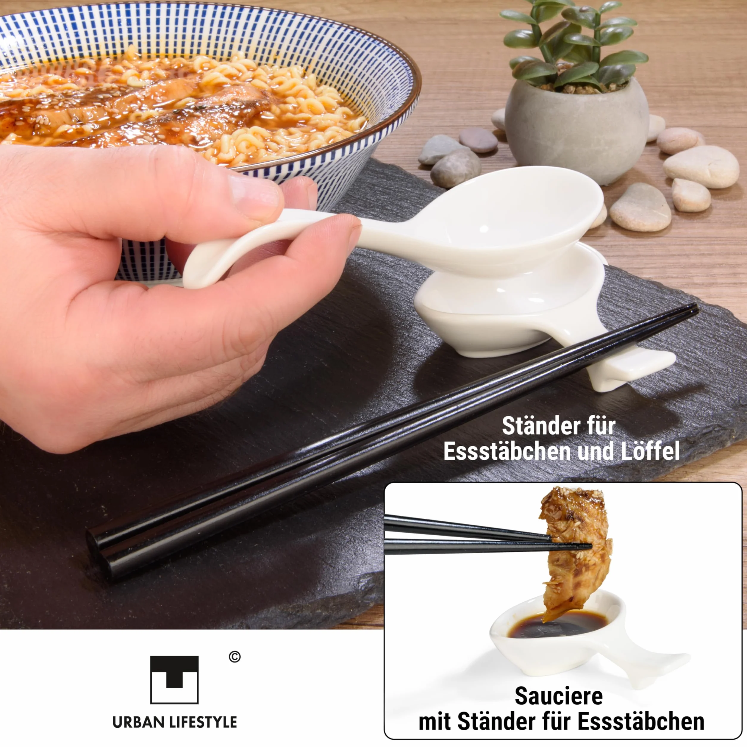 Urban Lifestyle Zestaw Misek do Ramen dla 2 Osób TOKUSA Azjatycka Zastawa z Porcelany Ø 20,5 cm 1000 ml z Łyżkami do Ramen, Miseczkami na Sos i Pałeczkami, Styl Japoński