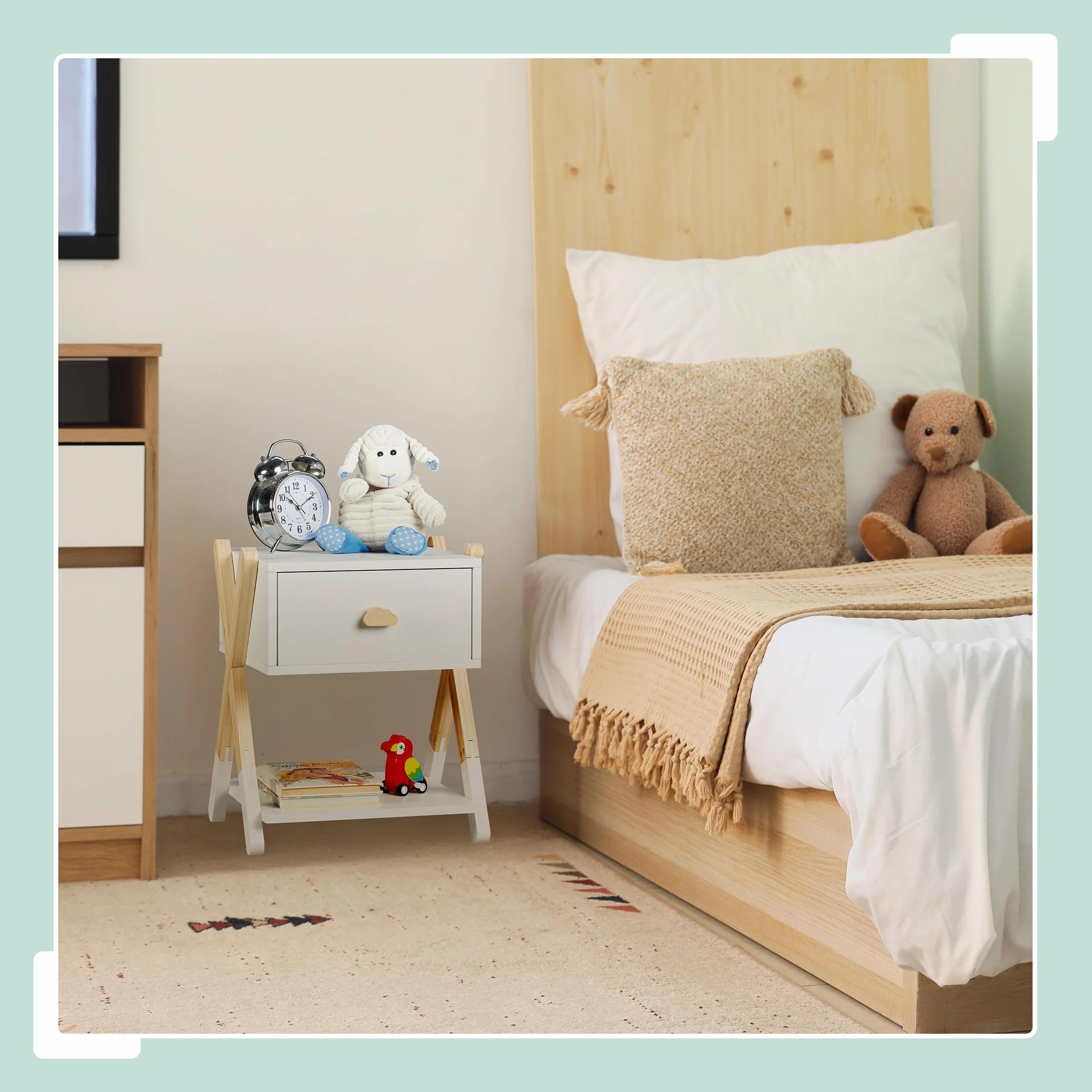 Relaxdays Stolik nocny dla dzieci 42x34x32 cm drewno MDF biały naturalny