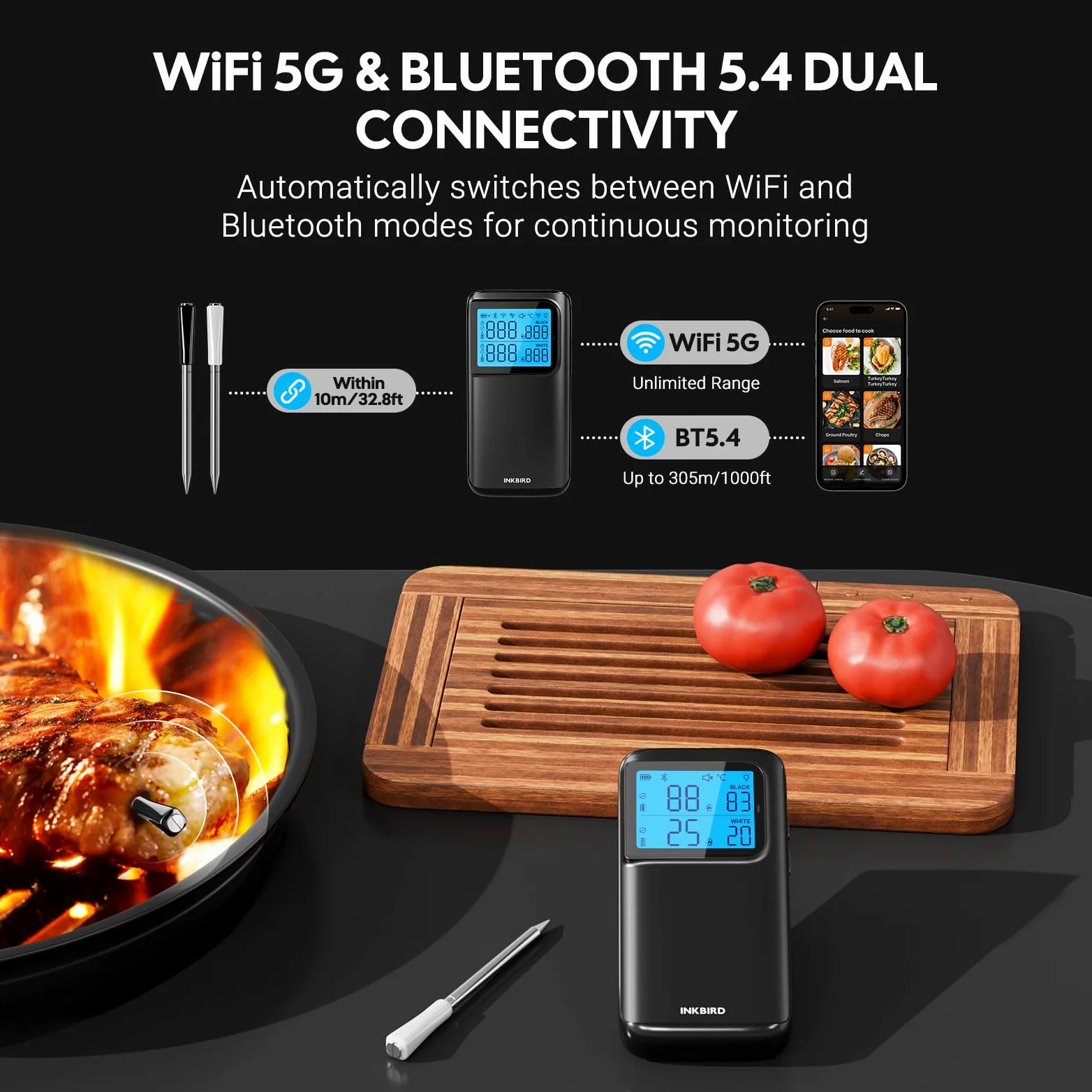 INKBIRD INT-12E-BW termometr do mięsa bezprzewodowy, WiFi 5G i Bluetooth 5.4 termometr do grilla, 2 sondy z 5 sensorami termometr do smażenia do BBQ, grilla, piekarnika, kuchni, pieca Rotisserie