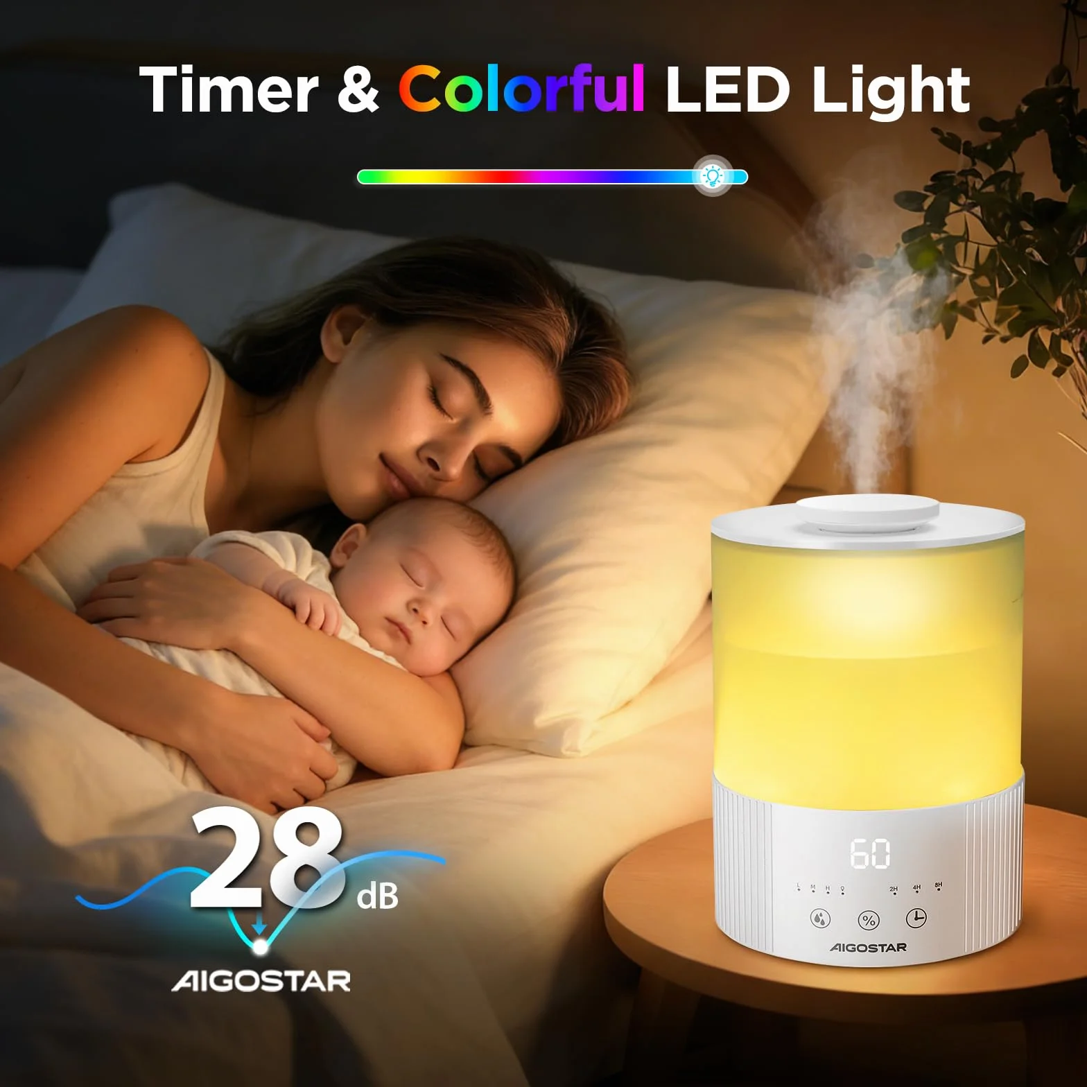 Aigostar Misty nawilżacz powietrza 2.5 l z dyfuzorem zapachowym 2 tryby mgły 7-kolorowe LED timer 8h