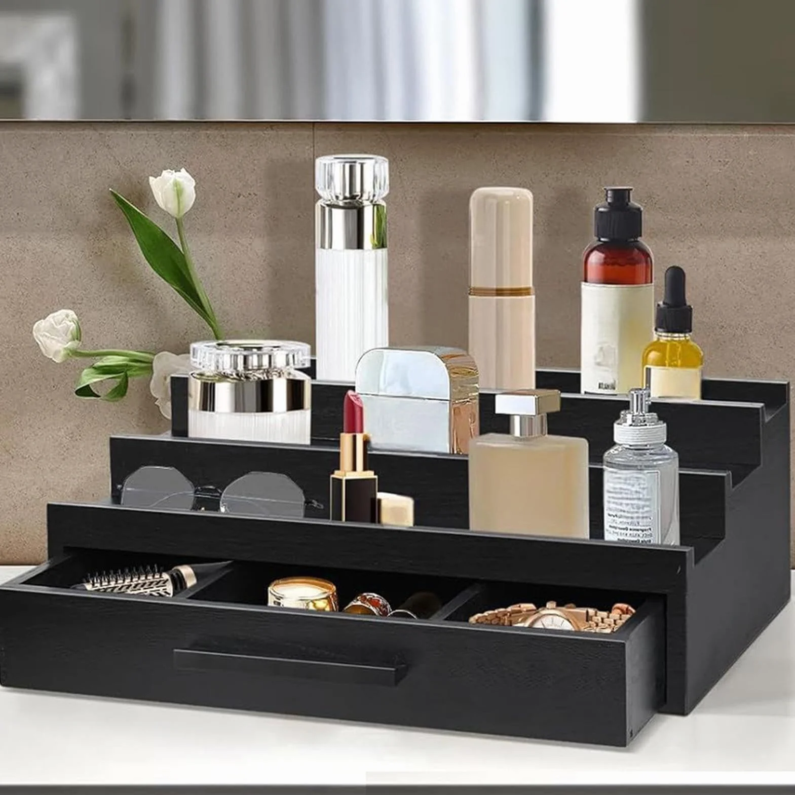 Drewniana taca na perfumy czarny organizer stojak męski elegancka wielofunkcyjna