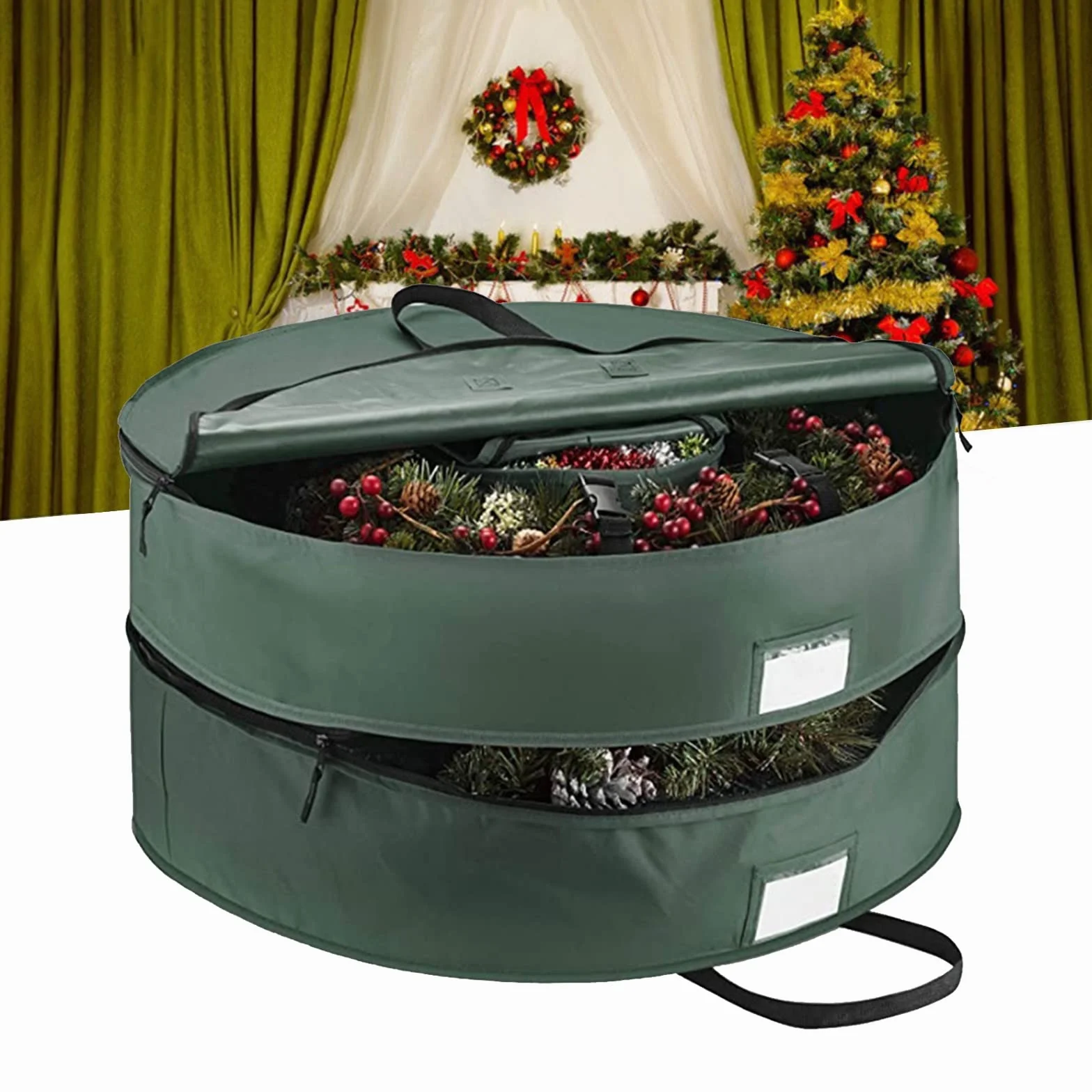 Torba do przechowywania wieńców, 61 cm, 1-pak pojemnik do przechowywania wieńców bożonarodzeniowych, czerwony, wodoodporny plastikowy materiał, uchwyt na wieniec, pomieści 61 cm wieńce do całorocznego