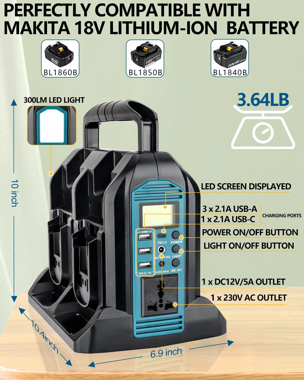 Taingwei Falownik 350 W Sine Wave do akumulatora Makita 18 V, 4 porty 18 V na 230 V V z 3 portami USB-A, 1 port USB-C, 300 lm, światło LED na kemping, podróże, polowanie, sytuacje awaryjne (tylko