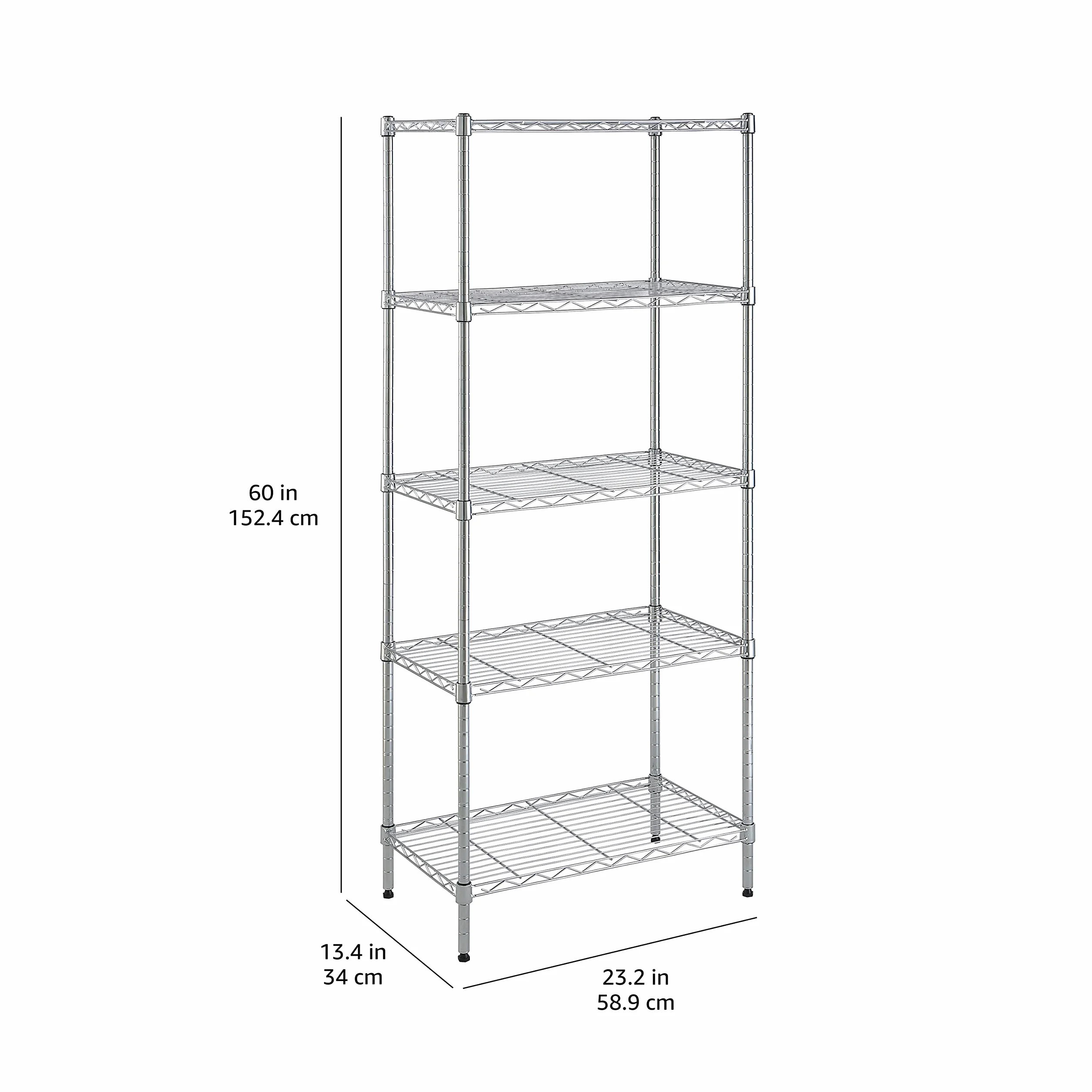 Amazon Basics Wąska szafka do przechowywania, z 5 półkami o regulowanej wysokości, z nóżkami poziomującymi, udźwig maksymalny 453 kg, 34 x 58,9 x 152,5 cm (gł. x szer. x wys.), chrom