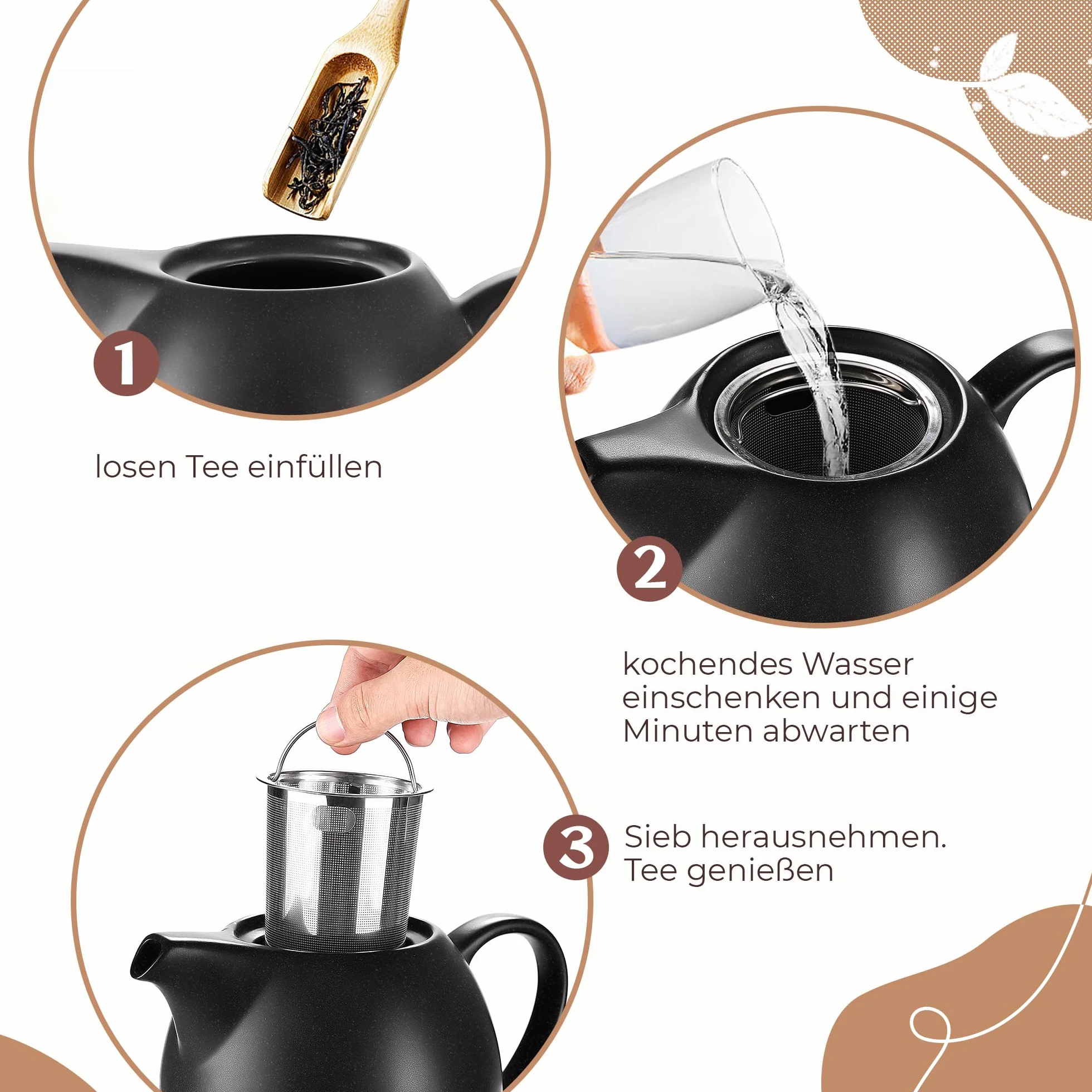 Ceramiczny dzbanek do herbaty z zaparzaczem, 1,2 l, czarny (antracytowy)