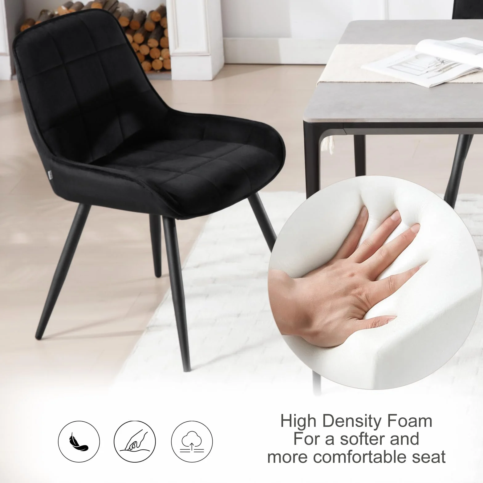 WOLTU 2 x krzesła do jadalni, tapicerowane, aksamitne, krzesło akcentujące do salonu, sypialni, kuchni, ergonomiczne krzesło z oparciem, czarne, BH331sz-2