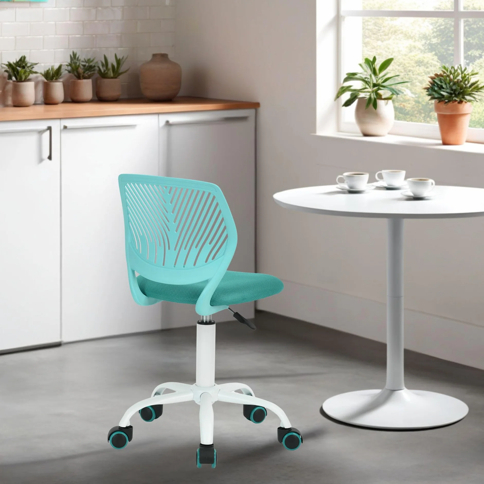 FurnitureR Krzesła obrotowe do jadalni, 1 szt., krzesło kuchenne, tapicerowane krzesło, krzesło obrotowe, wygodne krzesło z kółkami, oparcie, krzesło bez rękawów do jadalni, salonu, turkusowe, M