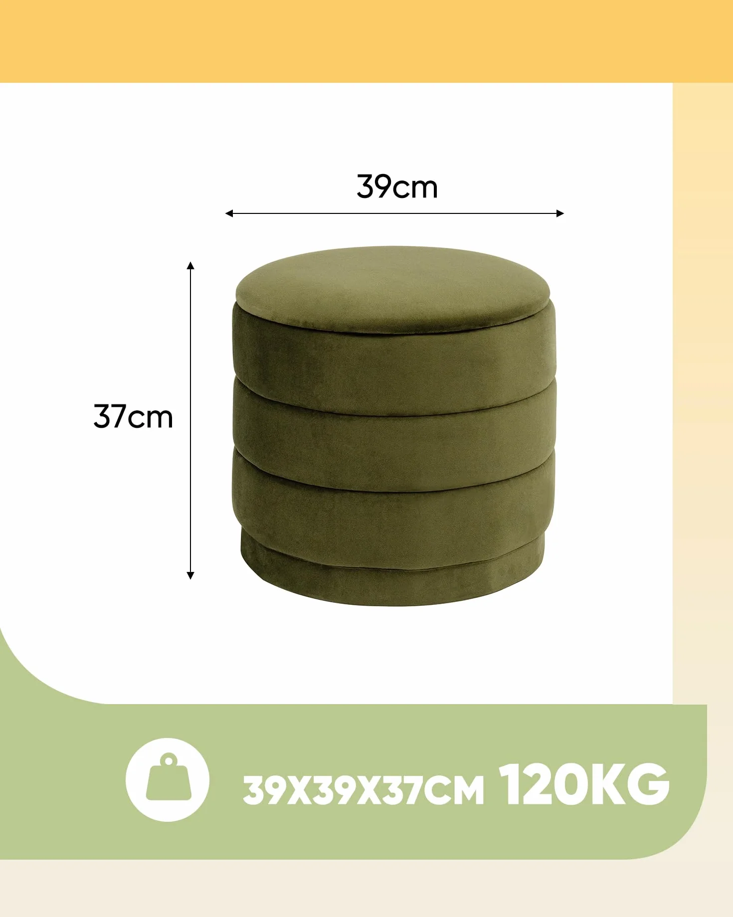 Bonlife Okrągły Puf z Pokrywą, Składana Podnóżek z Stolikiem, Podnóżek, Podstawka pod Nogi do Salonu, Sypialni, Korytarza, Oliwkowy Welur, 39x39x37cm