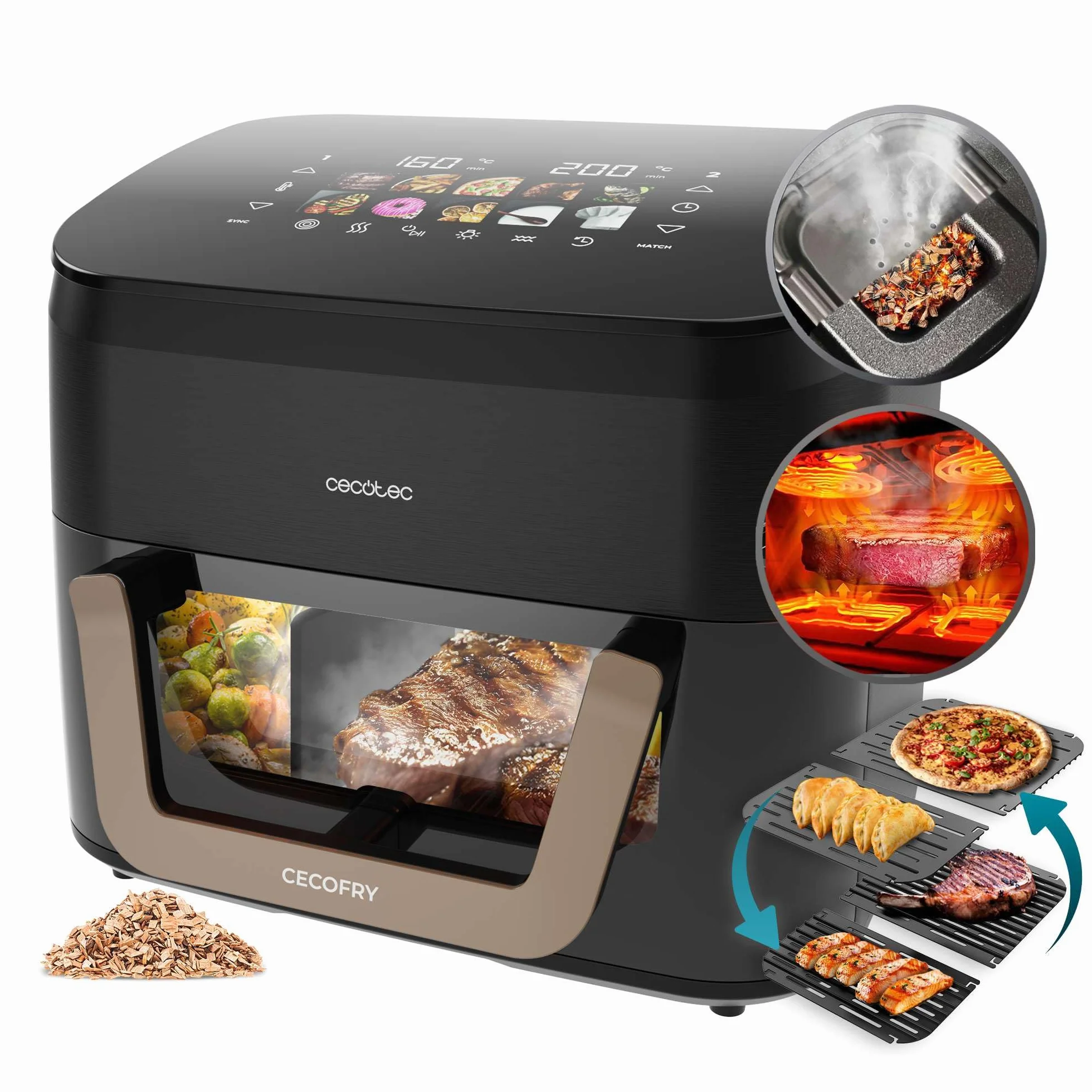 Cecotec Frytkownica powietrzna 10 l, Cecofry&Grill Smokin 11000, 2200 W, 3 w 1, grill, płyta grillowa, wędzarnia, 10 menu, 40-200°C