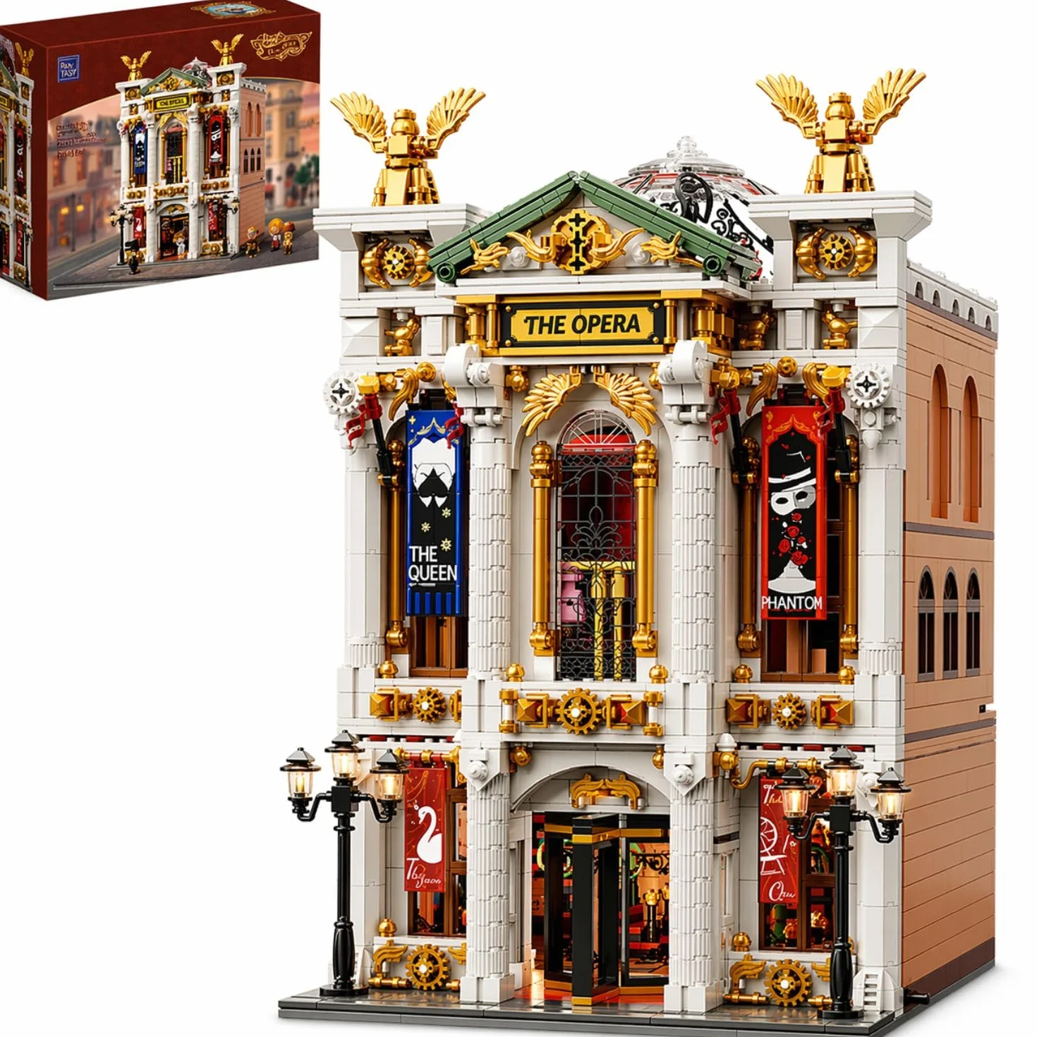 PANTASY Vintage European Grand Theater Building Set, Modułowy Model z Kryształowym Żyrandolem, Przezroczystą Kopułą i Rozszerzalną Sceną Uliczną Kolekcjonerski Teatr Retro dla Dorosłych