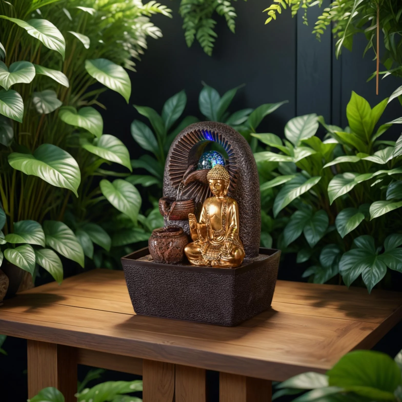 Zen'Light - Fontanna pokojowa Budda Bhava – dekoracja Zen, idealna do medytacji i relaksu – fontanna stołowa z zamkniętym obiegiem – zmieniające się kolory oświetlenie LED, woda przepływa na 3