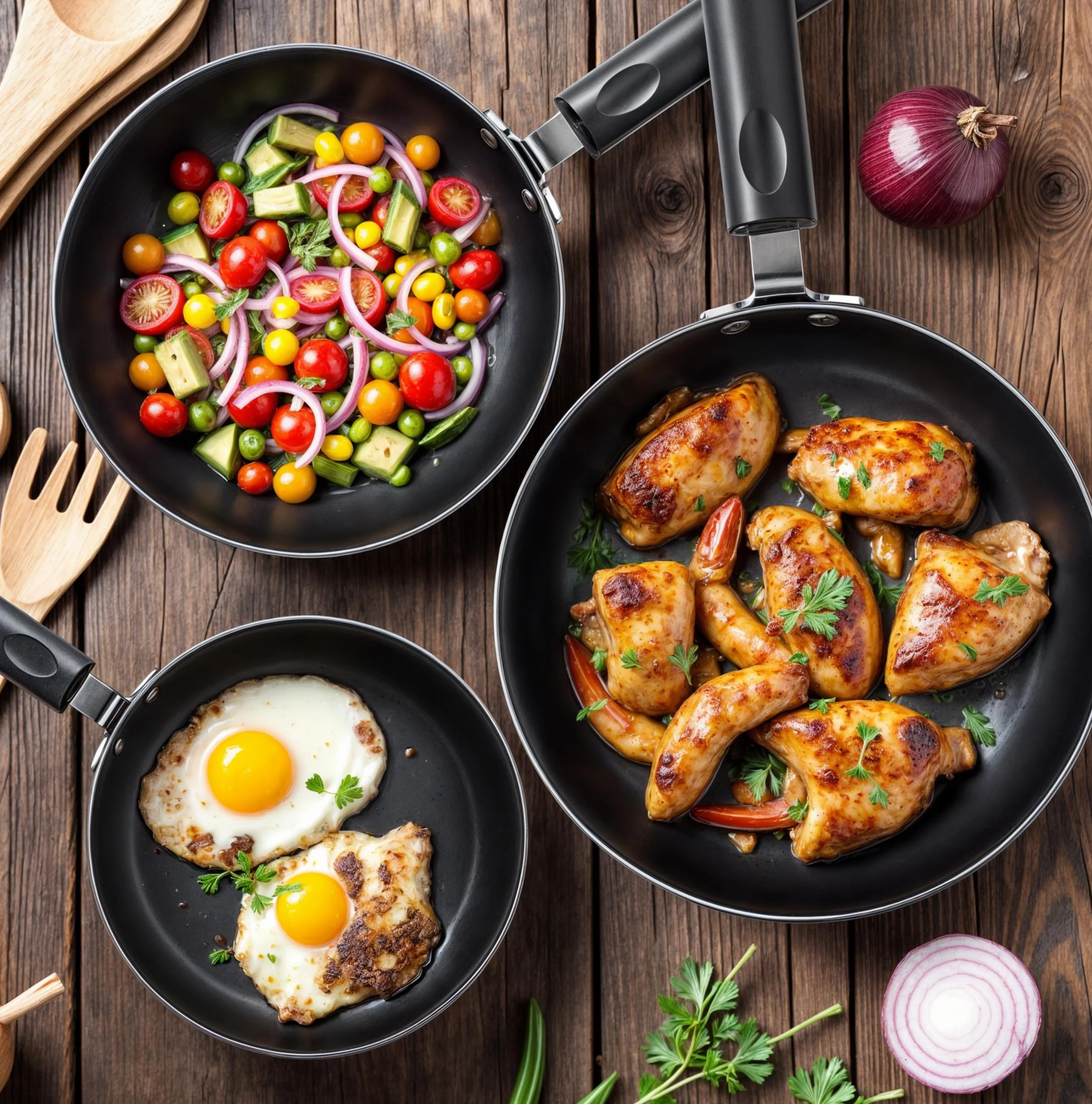 KICHLY Aluminiowy zestaw patelni nonstick - 3 Piece Induction Bottom Patelnia Set, 20cm, 24cm i 28cm, czarny