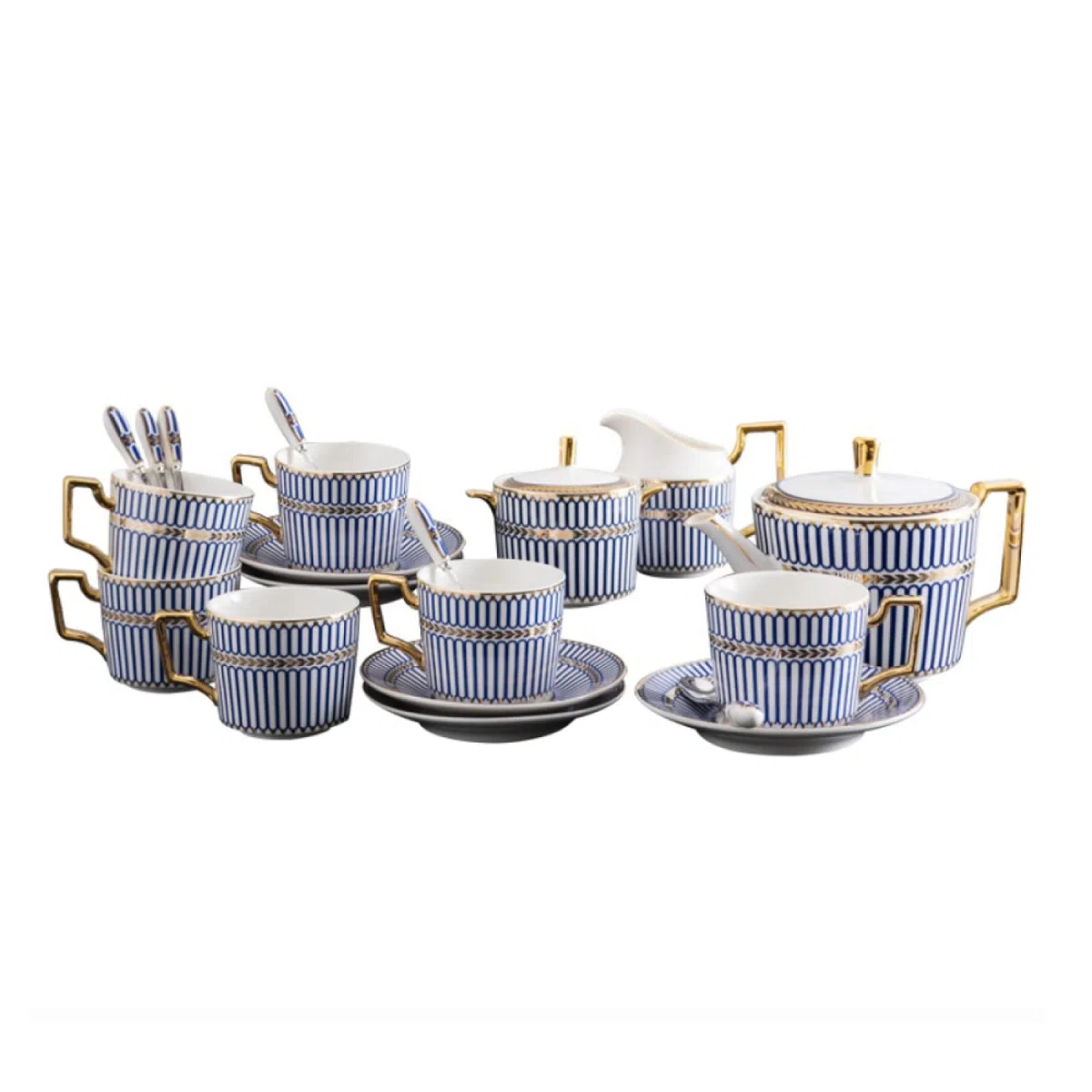 Herbaty i talerze, 15-częściowy porcelanowy zestaw do herbaty, zestawy filiżanek i spodków do kawy, serwis herbaciany w niebieskie paski z dzbankiem, cukiernica, dzbanek na śmietankę, łyżki