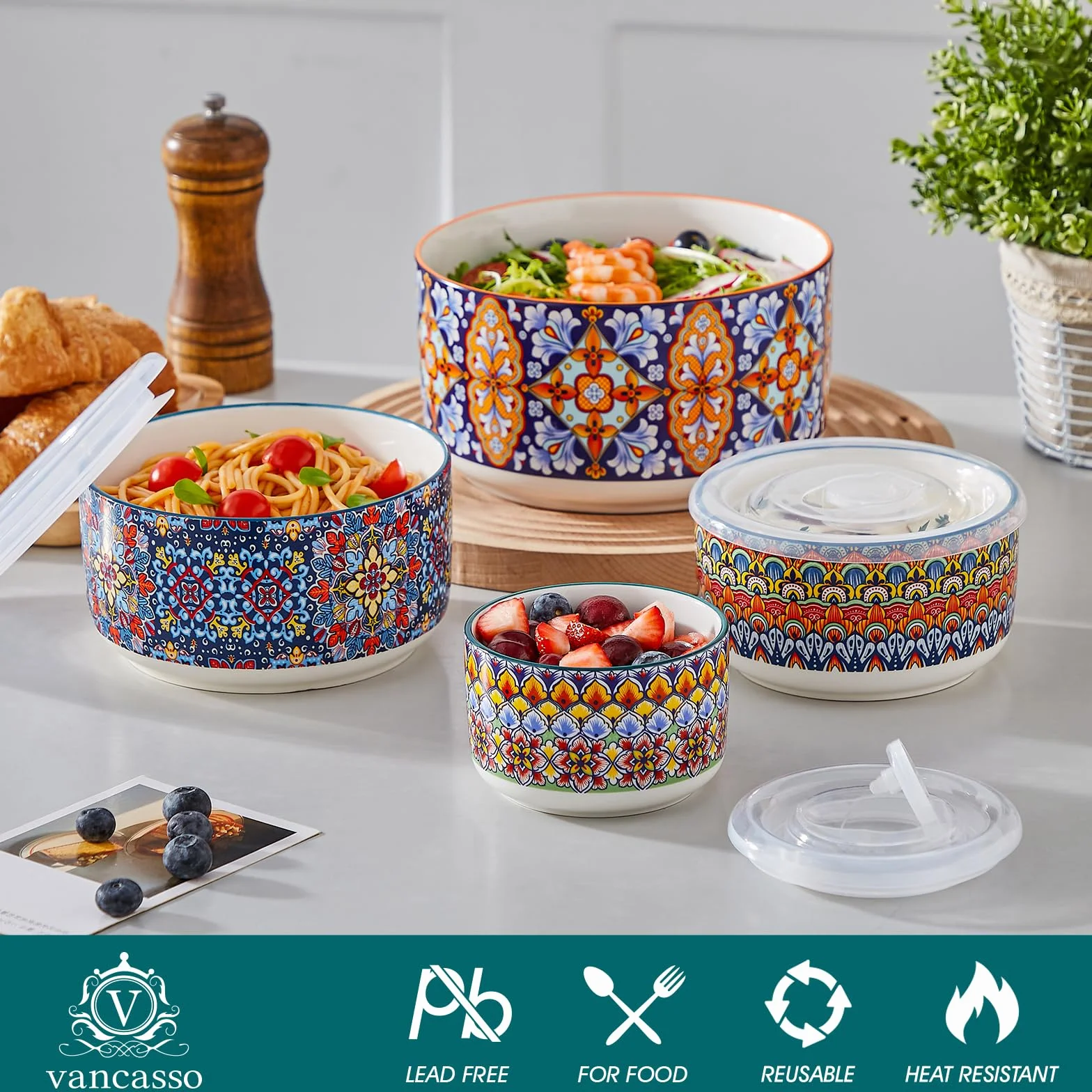 vancasso Zestaw miseczek do zup 4-częściowy SIMI z pokrywką ceramiczna