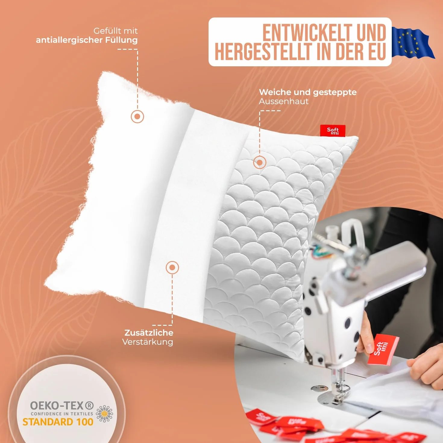 Pikowana poduszka premium SOFTIMI – antyalergiczna – antyroztoczowa – bezzapachowa do natychmiastowego użytku – z regulacją twardości (zestaw 2 szt. 70 x 80 cm)
