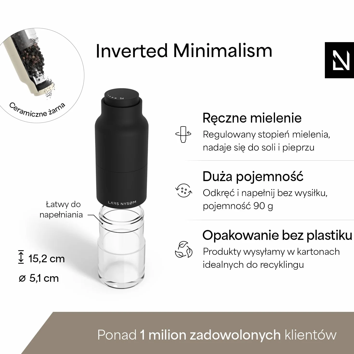 LARS NYSØM Zestaw młynków do soli i pieprzu ze stali nierdzewnej z regulowanym mechanizmem mielącym I Zestaw młynków w butelce (Black/Beige)