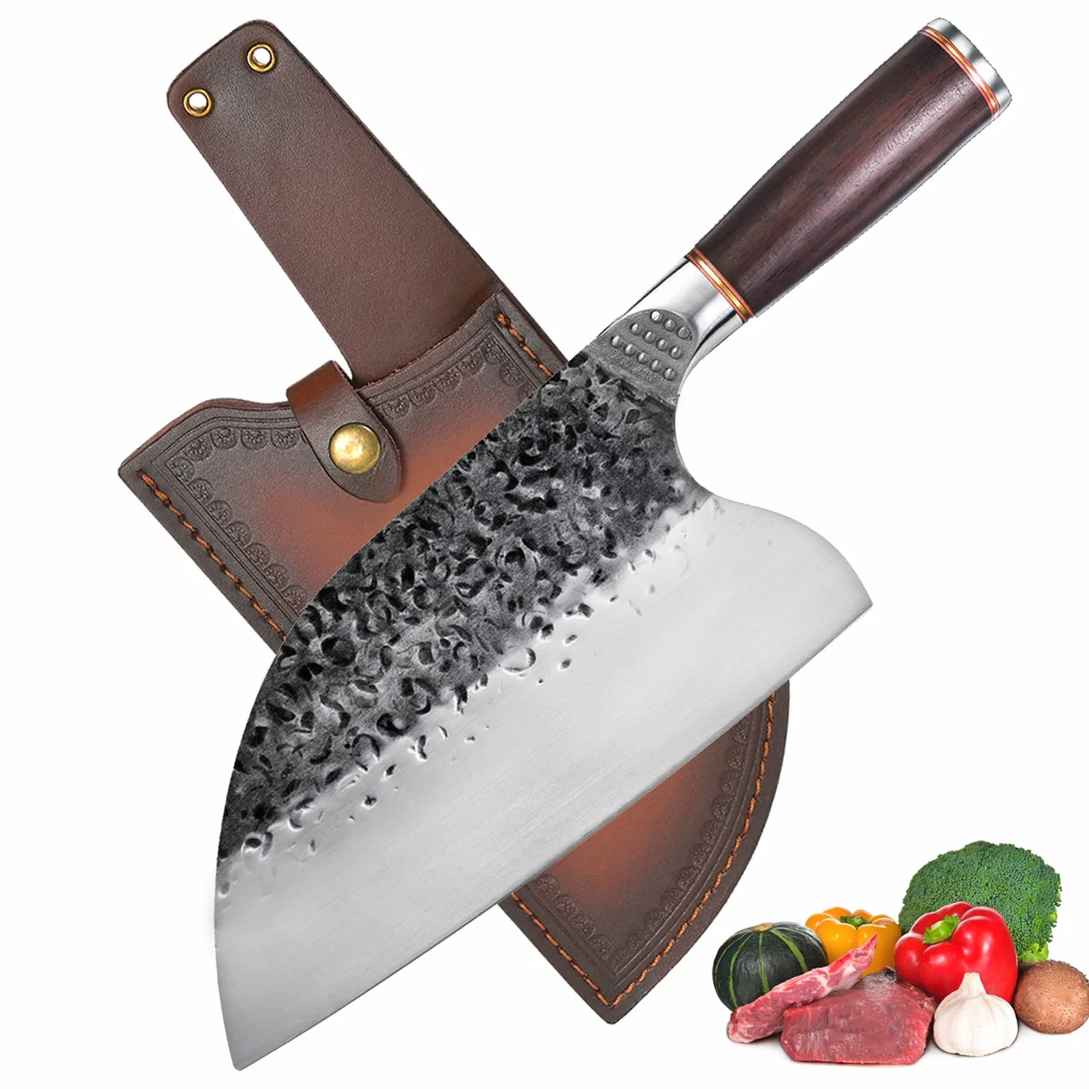 Nóż szefa kuchni Santoku do filetowania, mięsa, warzyw ze skórzaną pochwą