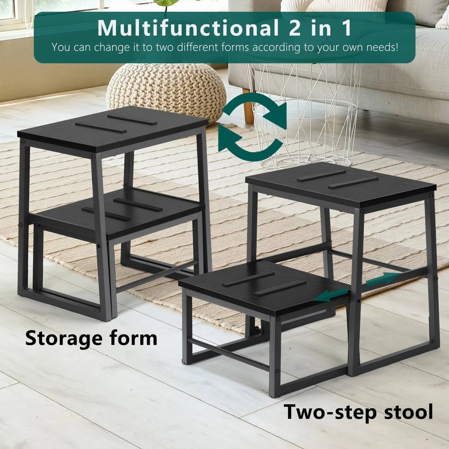 LIANTRAL 2 w 1 stołek dla dorosłych i dzieci, 2 poziomy, drewniany taboret o nośności 160 kg, metalowa rama, podnóżek do łóżka piętrowego, antypoślizgowy taboret do kuchni, biura, zamek błyskawiczny