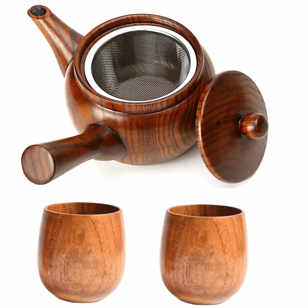 Klasyczny drewniany dzbanek do herbaty z drewnianymi filiżankami, czajniczek ze zdejmowanym filtrem zaparzacza ze stali nierdzewnej, czajnik do herbaty na herbatę, kawę (czajniczek + 2 filiżanki do herbaty)