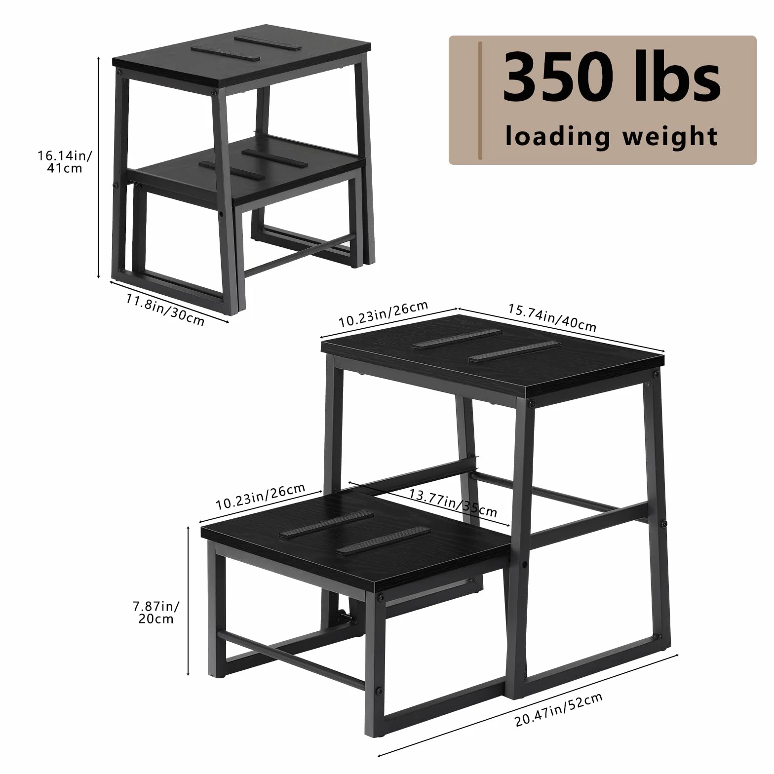 LIANTRAL 2 w 1 stołek dla dorosłych i dzieci, 2 poziomy, drewniany taboret o nośności 160 kg, metalowa rama, podnóżek do łóżka piętrowego, antypoślizgowy taboret do kuchni, biura, zamek błyskawiczny
