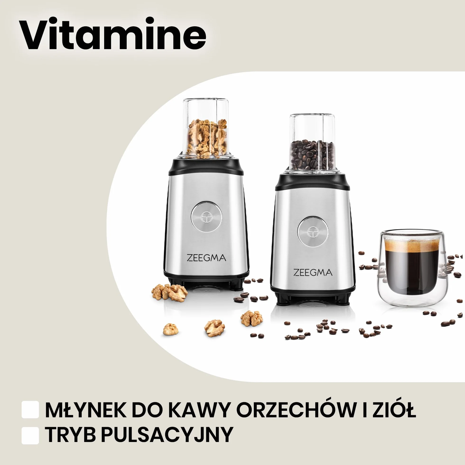 ZEEGMA Blender 4w1 1050W, Mikser z Młynkiem do Kawy, Kielich 1L, Bidony 600ml, Metalowa Obudowa, BPA Free
