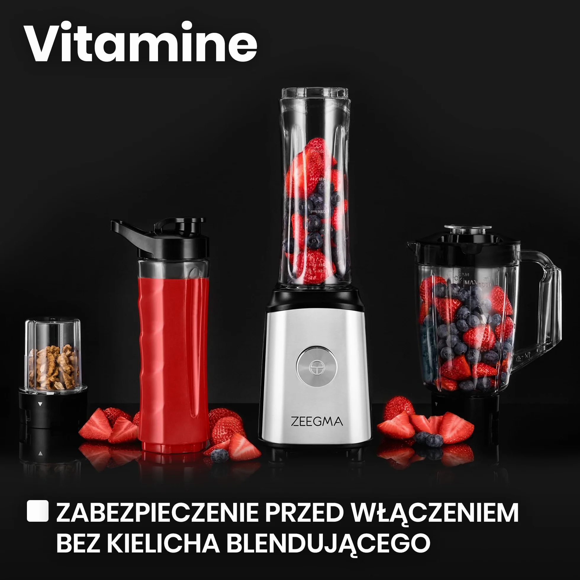 ZEEGMA Blender 4w1 1050W, Mikser z Młynkiem do Kawy, Kielich 1L, Bidony 600ml, Metalowa Obudowa, BPA Free