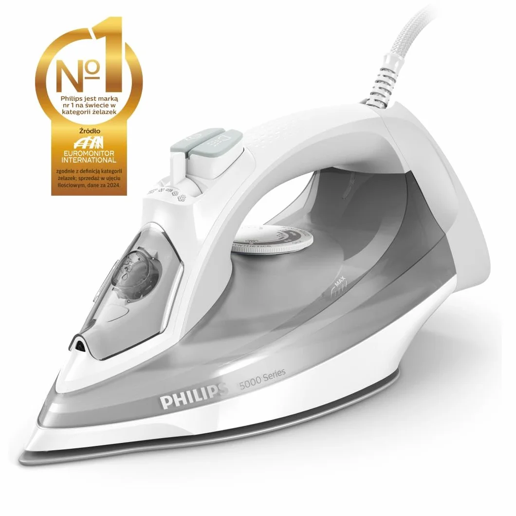 Philips Żelazko Parowe z serii 5000-2400W, Strumień pary 40g/min, Silne uderzenie pary 160g, Pionowy strumień pary, Stopa żelazka SteamGlide Plus, Białe/Szare (DST5010/10)