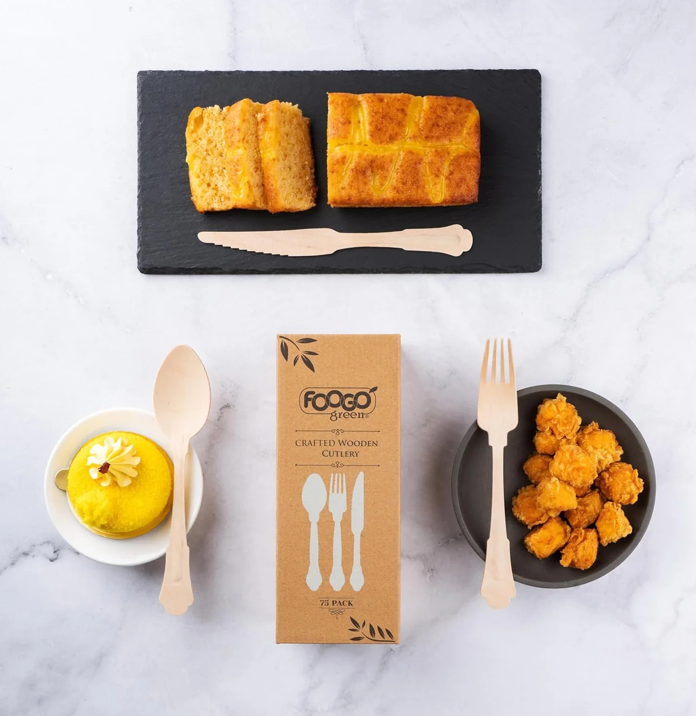 FOOGO Green 75 sztuk jednorazowych drewnianych sztućców kompostowalnych zestaw