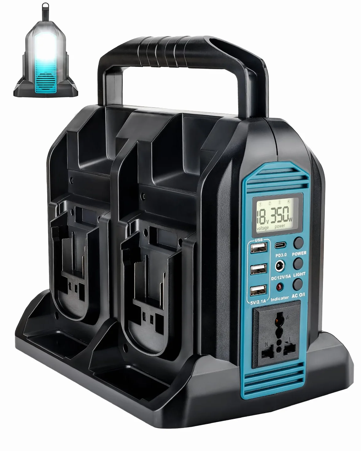 Taingwei Falownik 350 W Sine Wave do akumulatora Makita 18 V, 4 porty 18 V na 230 V V z 3 portami USB-A, 1 port USB-C, 300 lm, światło LED na kemping, podróże, polowanie, sytuacje awaryjne (tylko