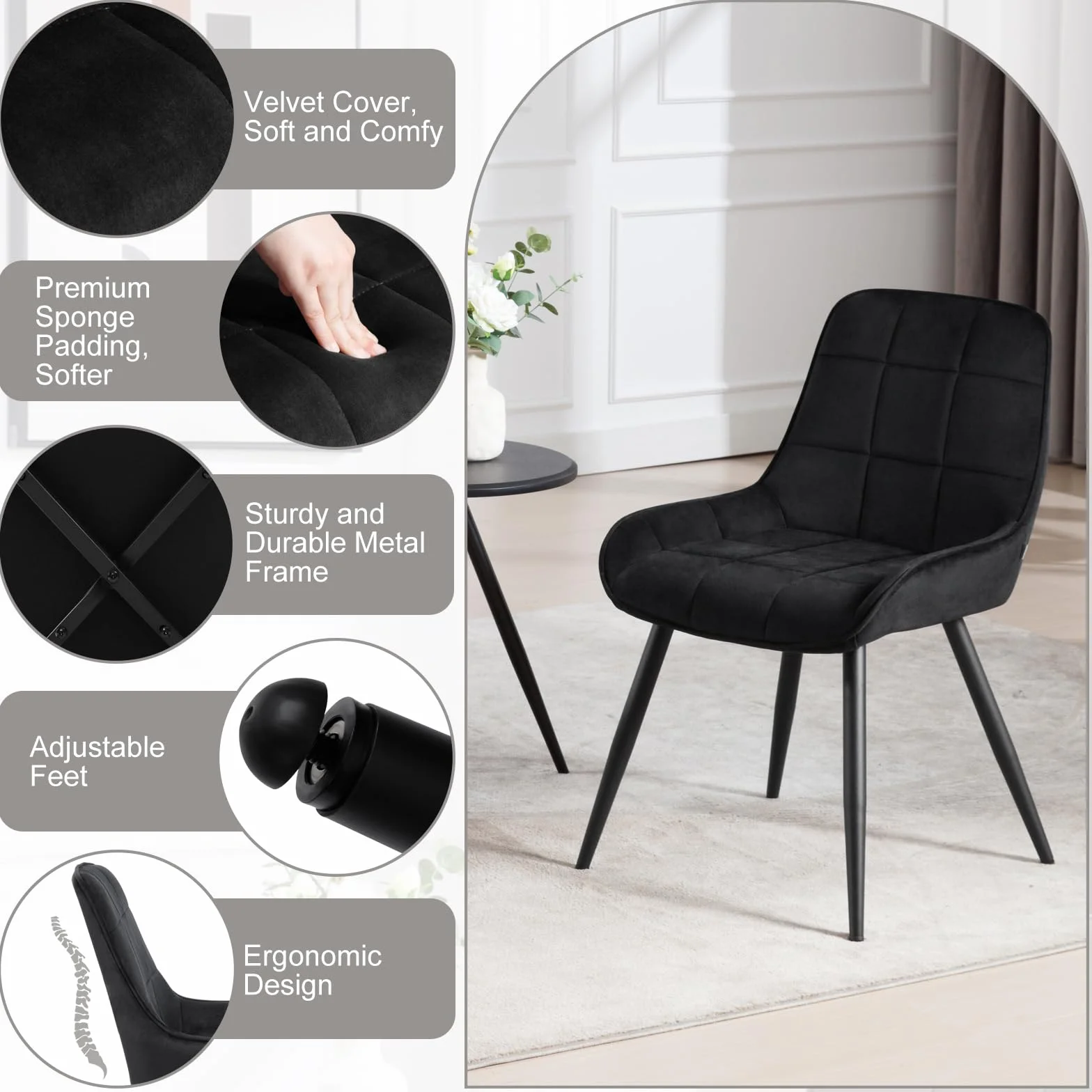 WOLTU 2 x krzesła do jadalni, tapicerowane, aksamitne, krzesło akcentujące do salonu, sypialni, kuchni, ergonomiczne krzesło z oparciem, czarne, BH331sz-2