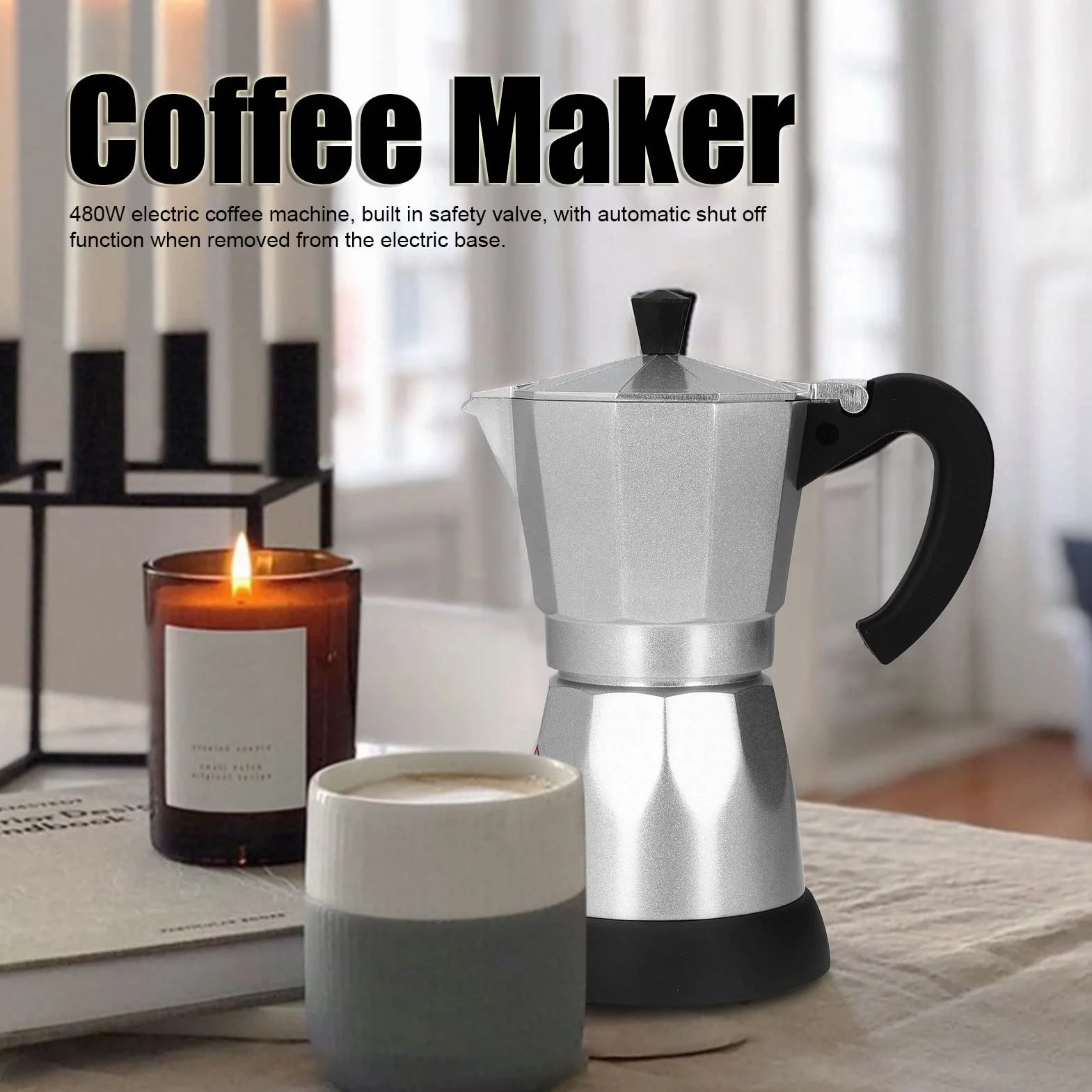 BuyWeek Elektryczny zaparzacz do espresso, 480 W, elektryczna maszyna do espresso, aluminiowy dzbanek Moka Pot 300 ml, wtyczka EU 220 V-240 V