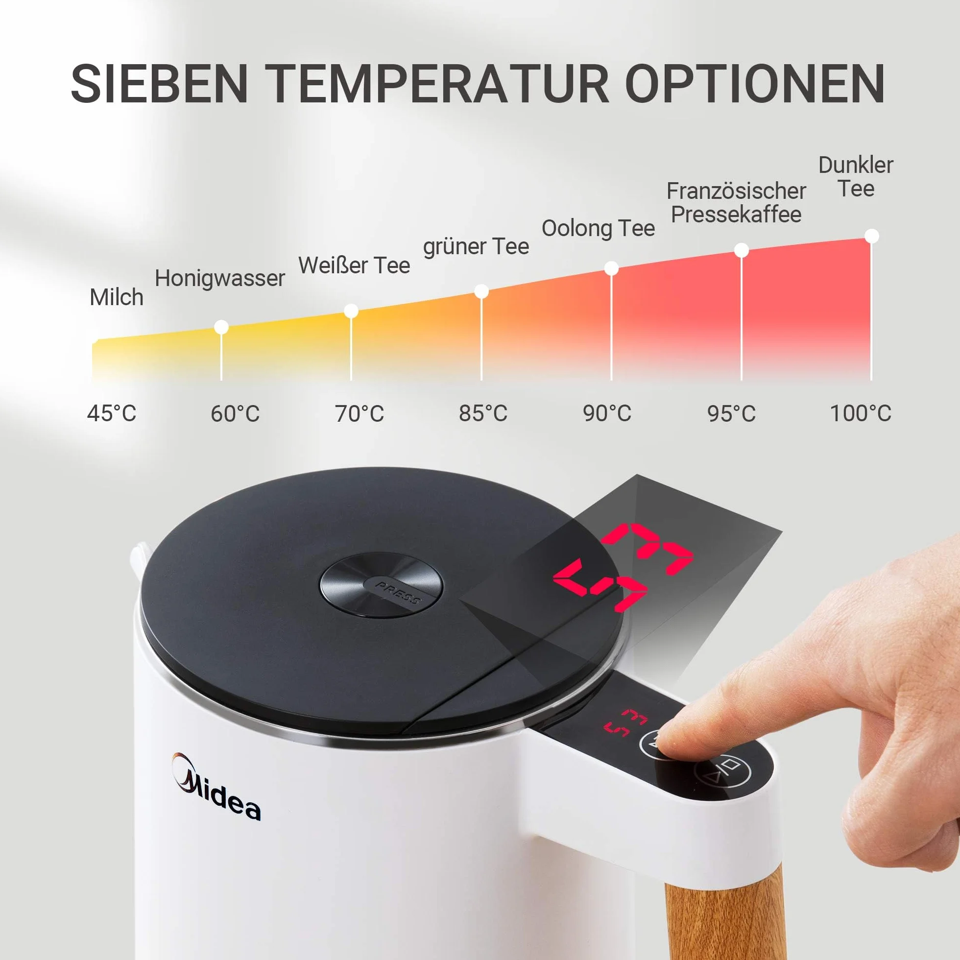 Midea Czajnik elektryczny ze stali nierdzewnej z regulacją temperatury, 1,5 litra, 2200 W, biały czajnik do herbaty ze wskaźnikiem temperatury i funkcjami bezpieczeństwa, nie zawiera BPA