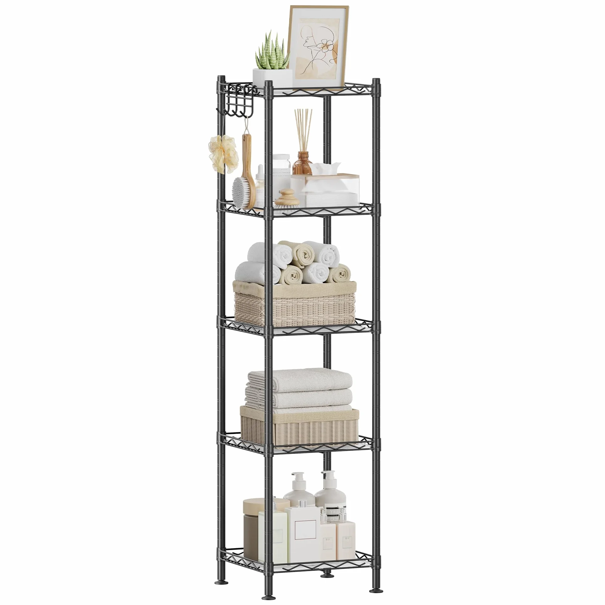 SONGMICS Półka łazienkowa, półka stojąca z metalu, wytrzymała, obciążenie do 100 kg, z 5 panelami PP, z wyjmowanymi haczykami, 30 x 30 x 123,5 cm, do małych pomieszczeń, czarna LGR23BK