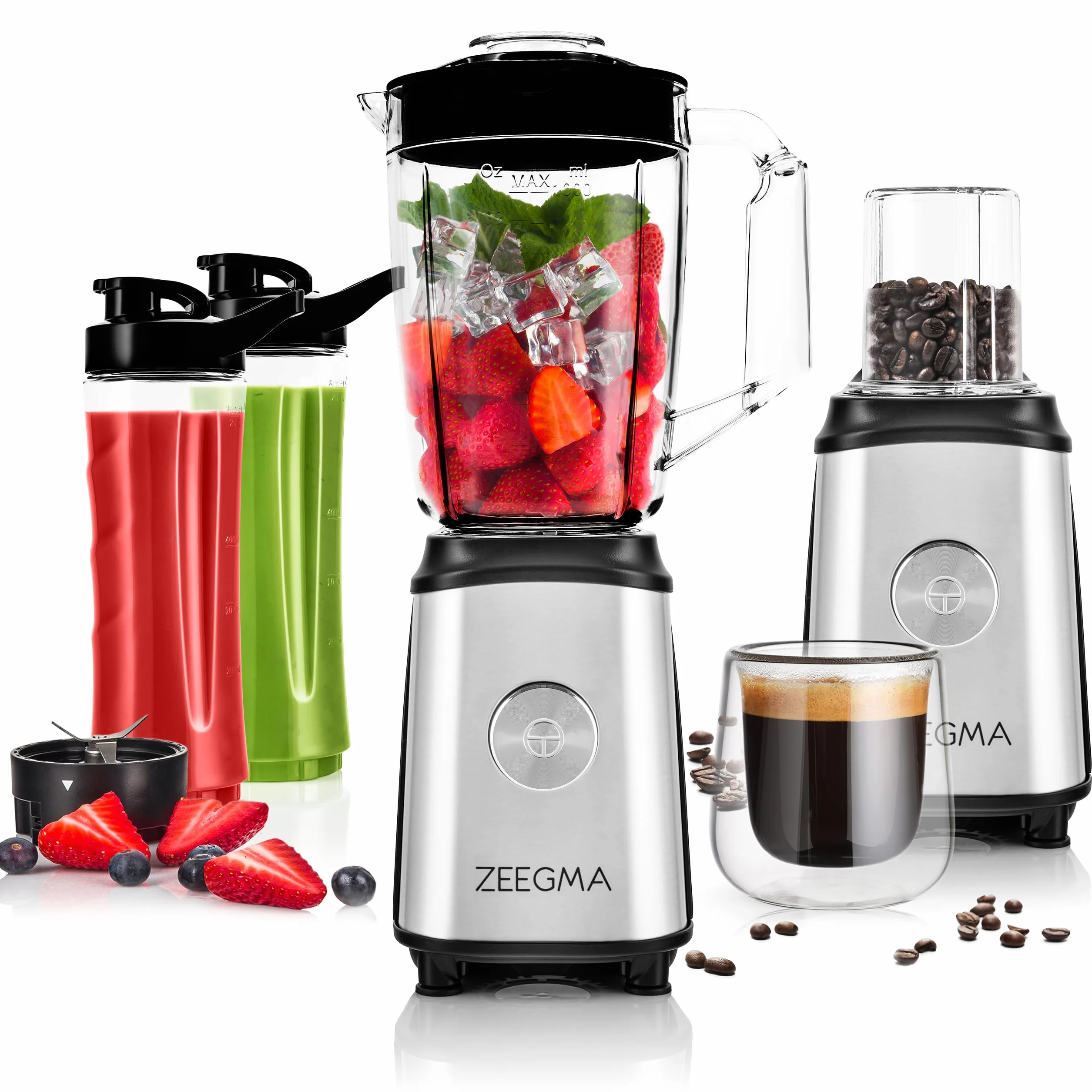 ZEEGMA Blender 4w1 1050W, Mikser z Młynkiem do Kawy, Kielich 1L, Bidony 600ml, Metalowa Obudowa, BPA Free