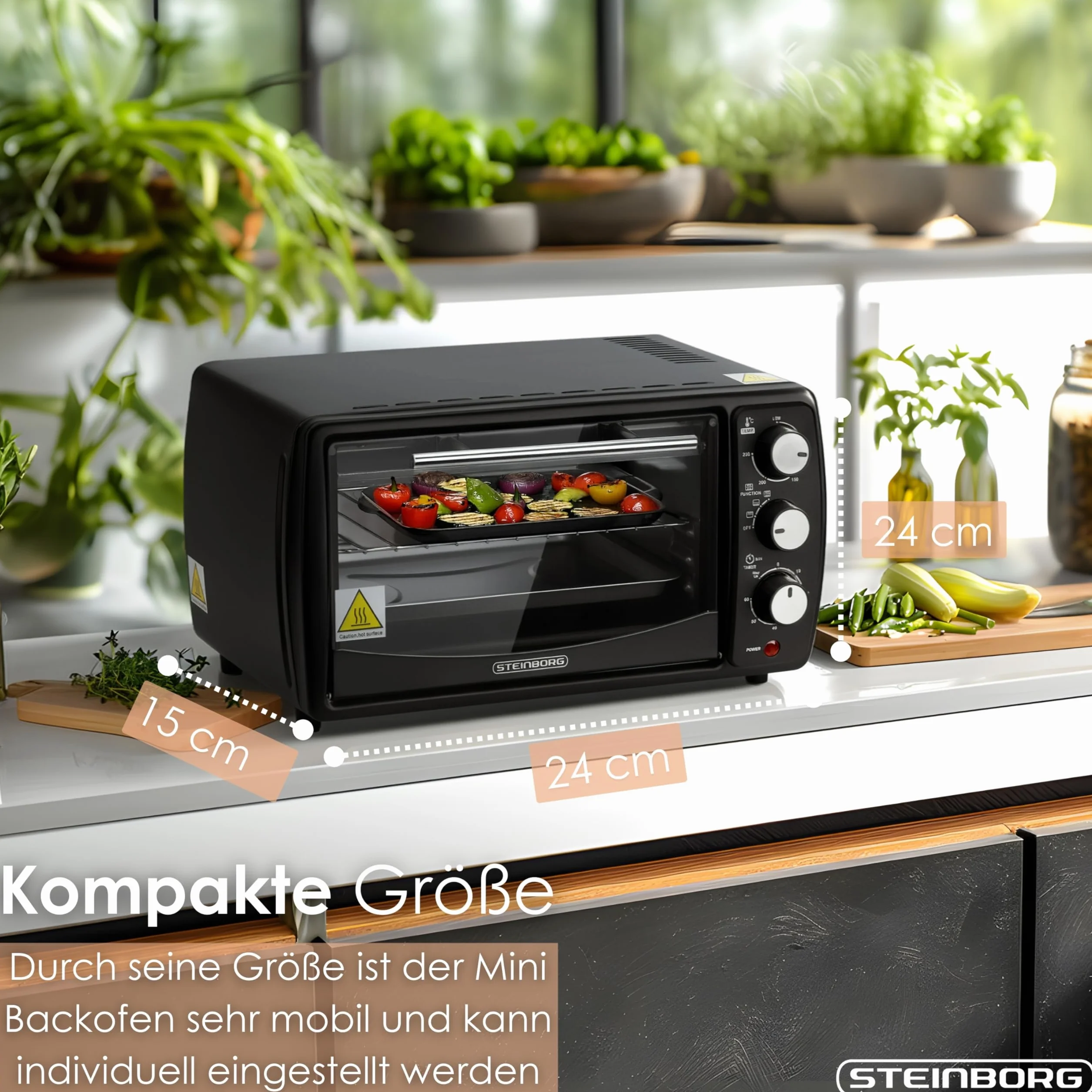 Steinborg Mini piekarnik 13 l 1200 W z timerem, grzanie górne i dolne, wolnostojący