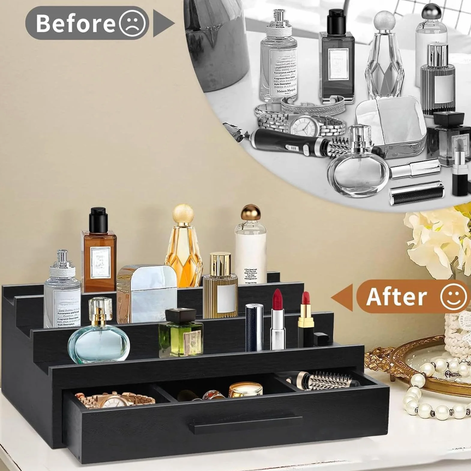 Drewniana taca na perfumy czarny organizer stojak męski elegancka wielofunkcyjna