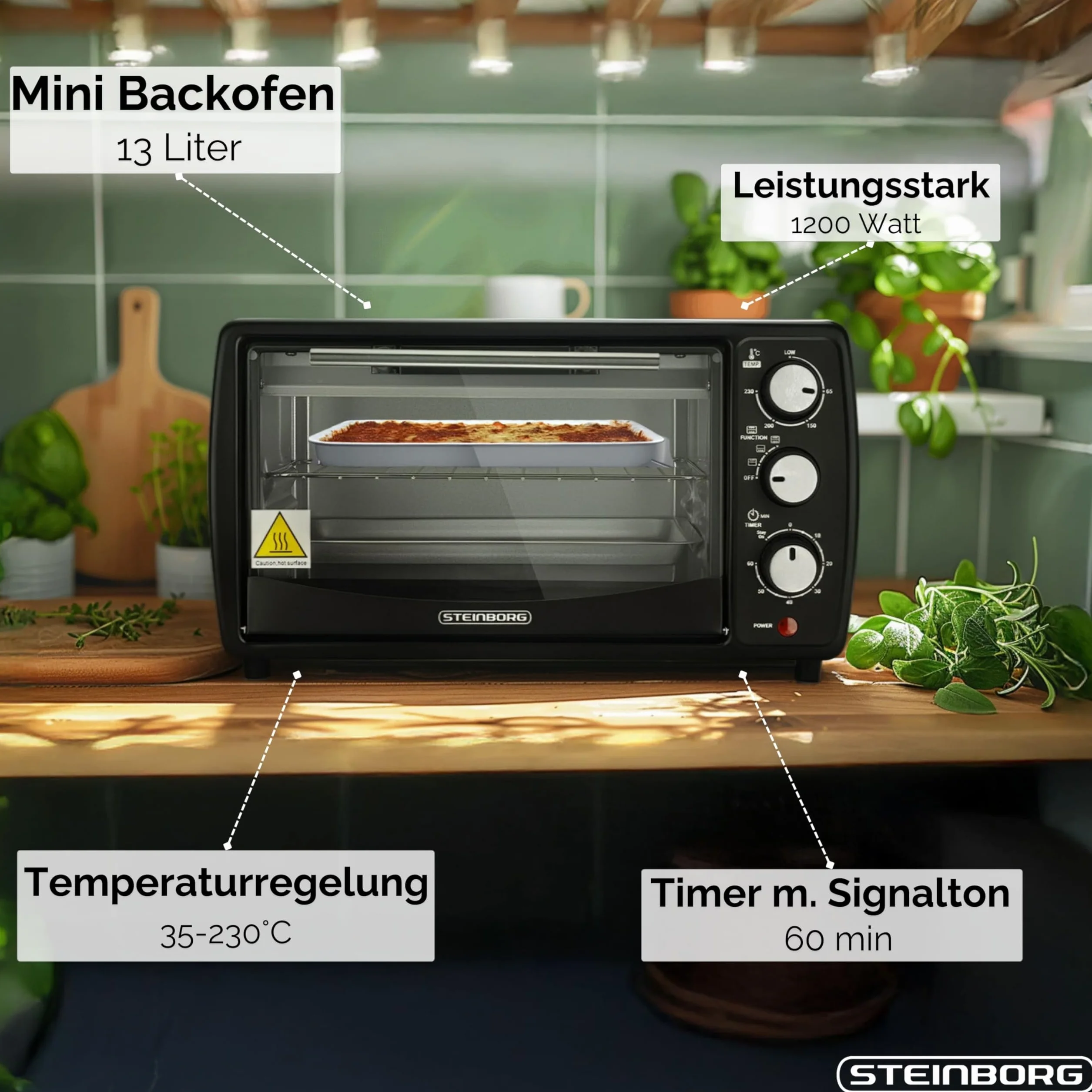 Steinborg Mini piekarnik 13 l 1200 W z timerem, grzanie górne i dolne, wolnostojący