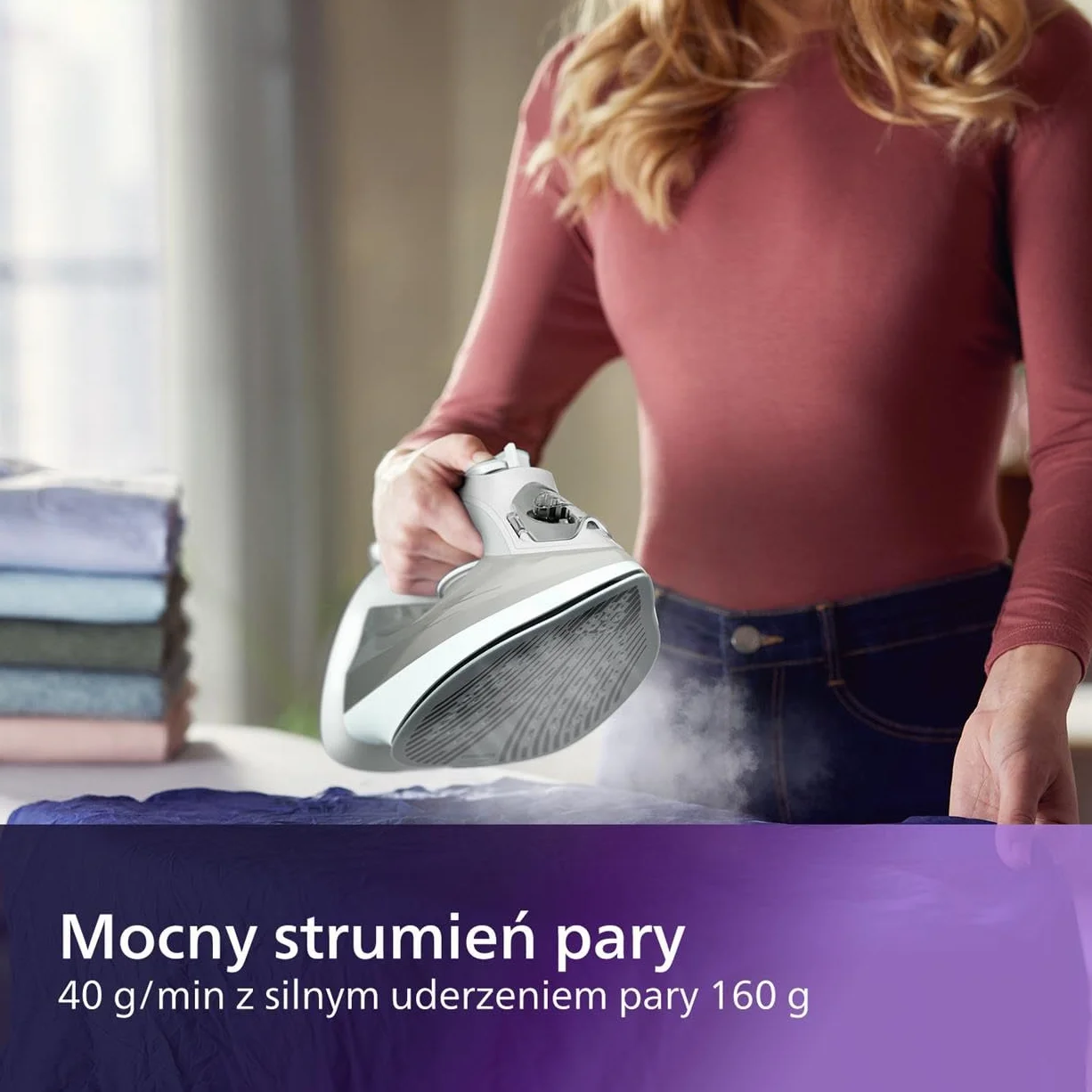 Philips Żelazko Parowe z serii 5000-2400W, Strumień pary 40g/min, Silne uderzenie pary 160g, Pionowy strumień pary, Stopa żelazka SteamGlide Plus, Białe/Szare (DST5010/10)