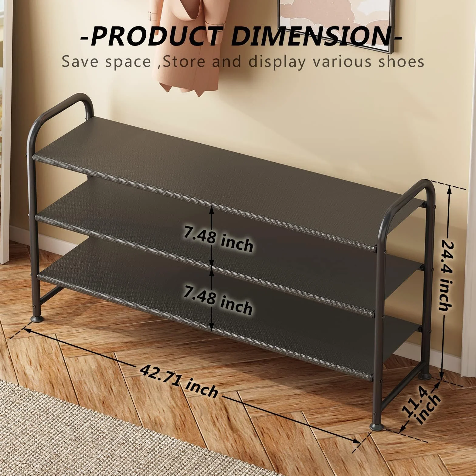 Stojak na buty 3-poziomowy Metalowy Organizer 12-18 par Czarny 29 x 108 x 62 cm