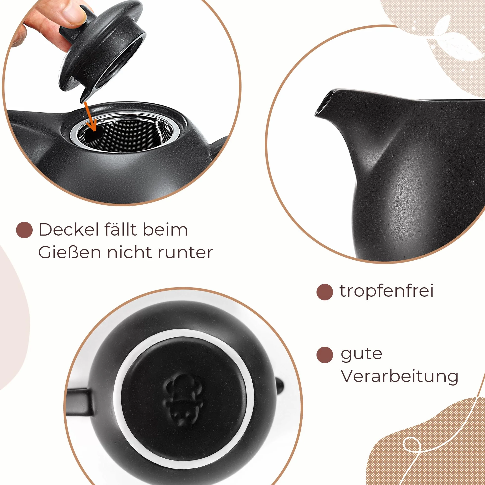 Ceramiczny dzbanek do herbaty z zaparzaczem, 1,2 l, czarny (antracytowy)