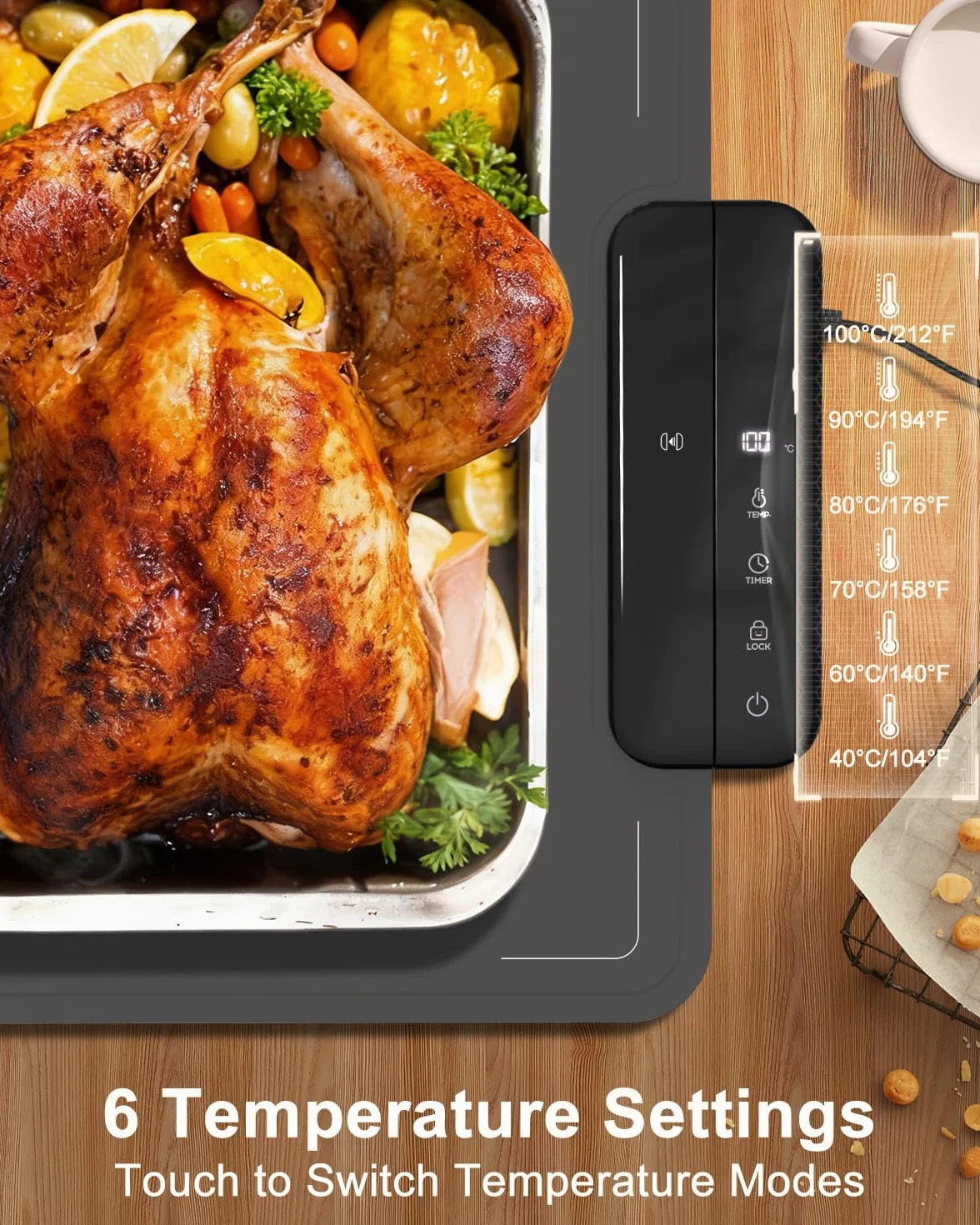 Food Warming Elektryczna płyta do podgrzewania z silikonu na potrawy | 6 stopni regulacji temperatury (40–100°C), timer i zabezpieczenie dla dzieci | Przenośna mata grzewcza do bufetu, imprezy