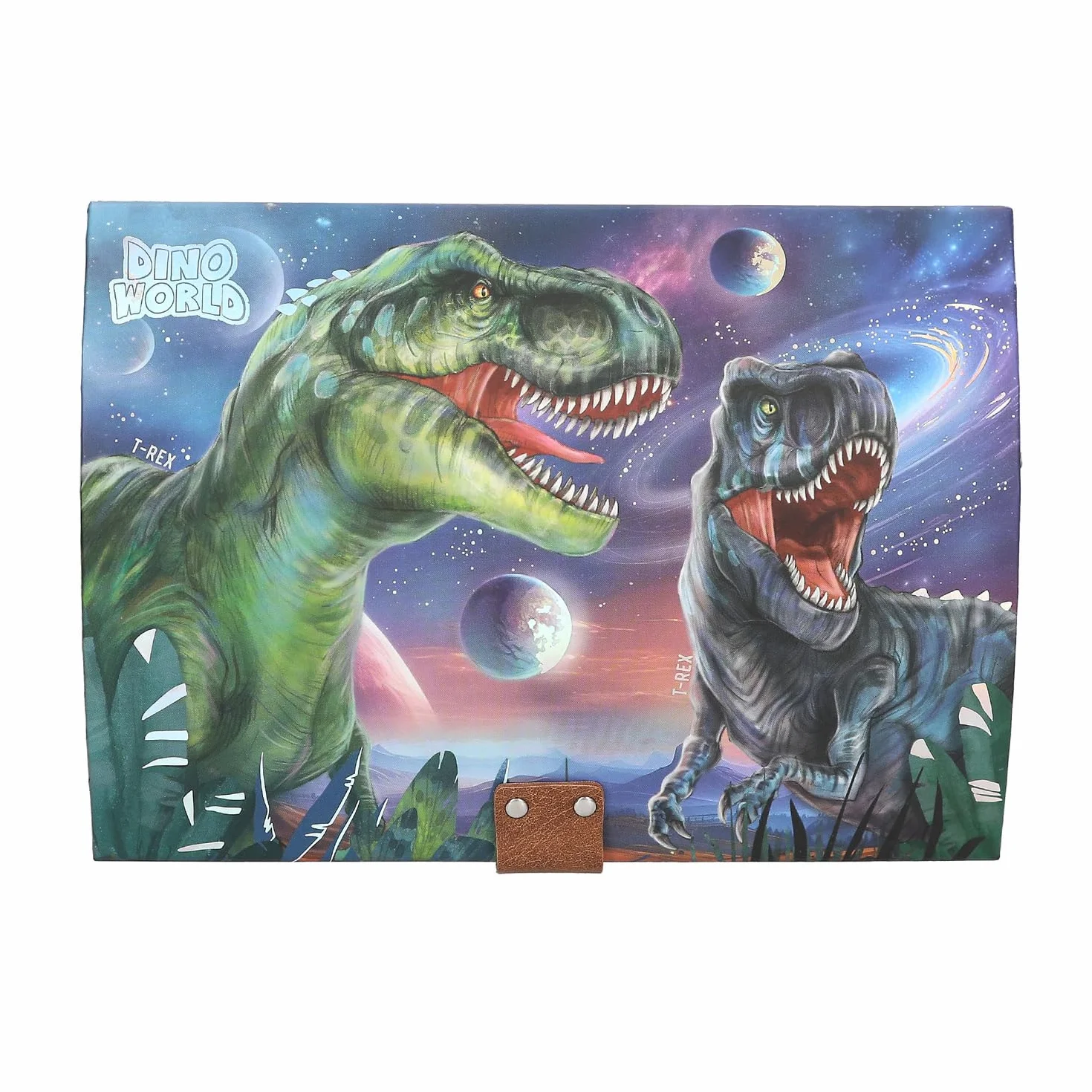 Depesche 13441 Dino World - skrzynia na skarby w kształcie dinozaura z planetami, schowek z kodem, dźwiękiem i światłem