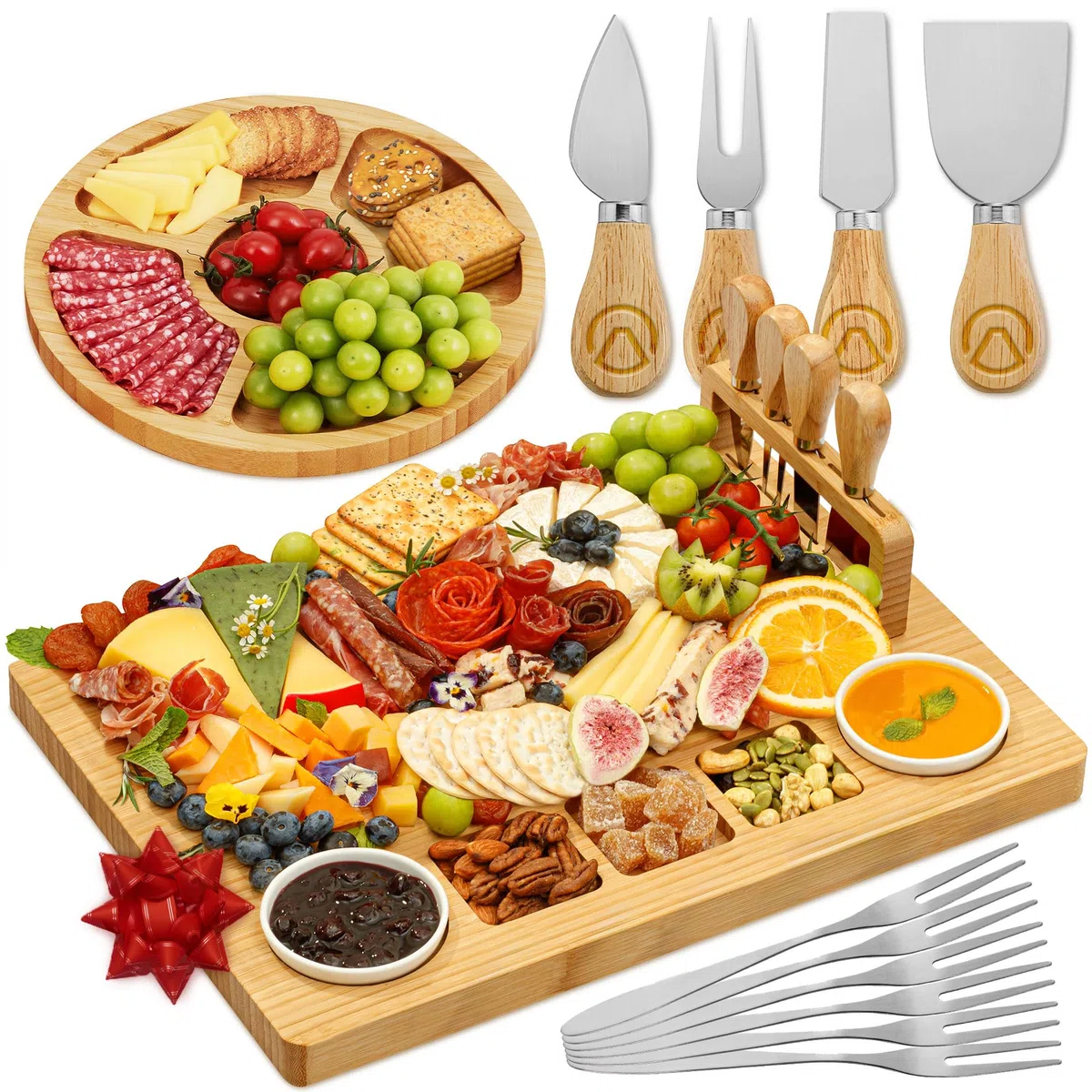 Charcuterie Boards Deluxe Gift Set - 15 Pieces, Bamboo - Large Cheese Board + Tray for Mother's Day, Birthday, Housewarming, Wedding Shower