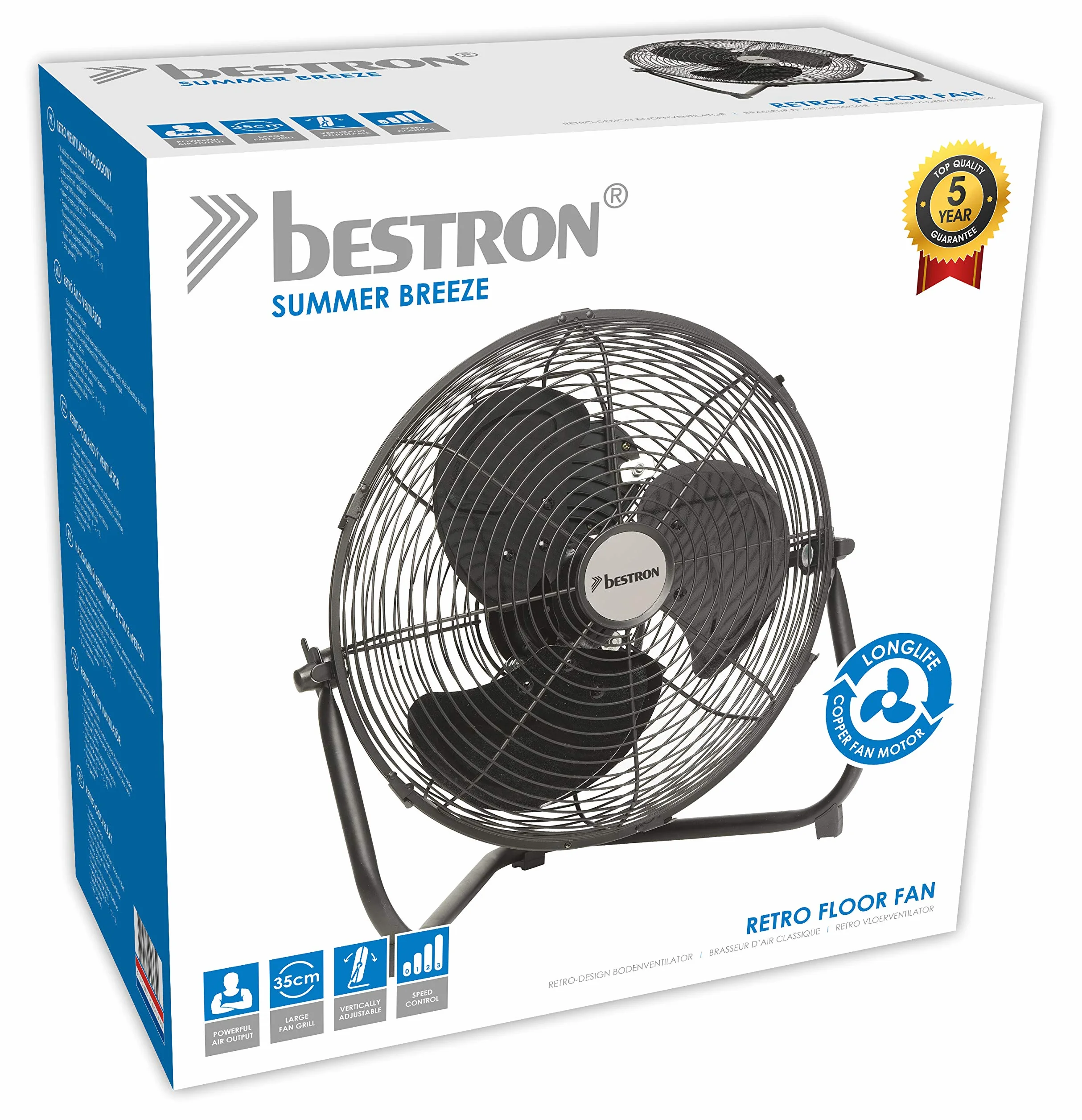 Bestron Wentylator podłogowy w stylu retro, wiatrak z 3 stopniami prędkości i bezstopniowo odchylaną głowicą wentylatora, wentylator w chromowanym wzornictwie, wysokość: 39 cm, Ø 35 cm, 55 W, kolor: